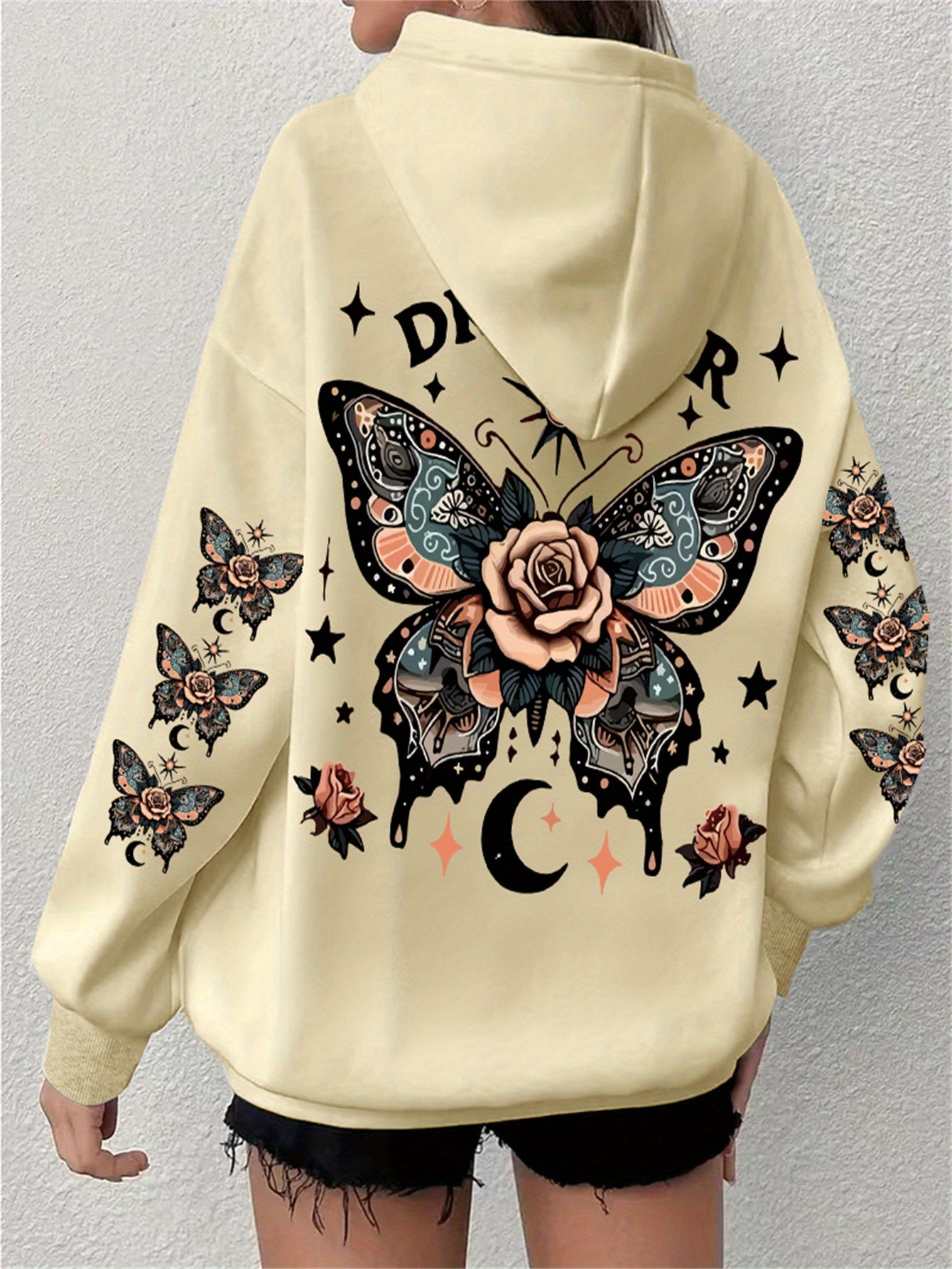 Plus Size Butterfly Print Drawstring Hoodie, Casual Long Sleeve Kangaroo Pocket Hooded Sweatshirt For Fall & Winter, Women's Plus Size Clothing