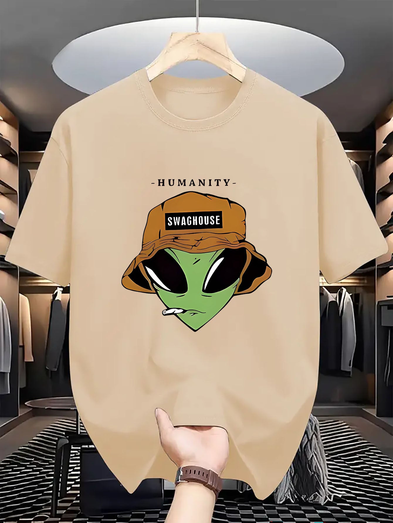 Men's Crew Neck Casual Polyester T-Shirt with Trendy Alien Graphic Print - Regular Fit, Breathable Knit Fabric with Slight Stretch - Adult Summer Style Tee with Halloween Pattern Details