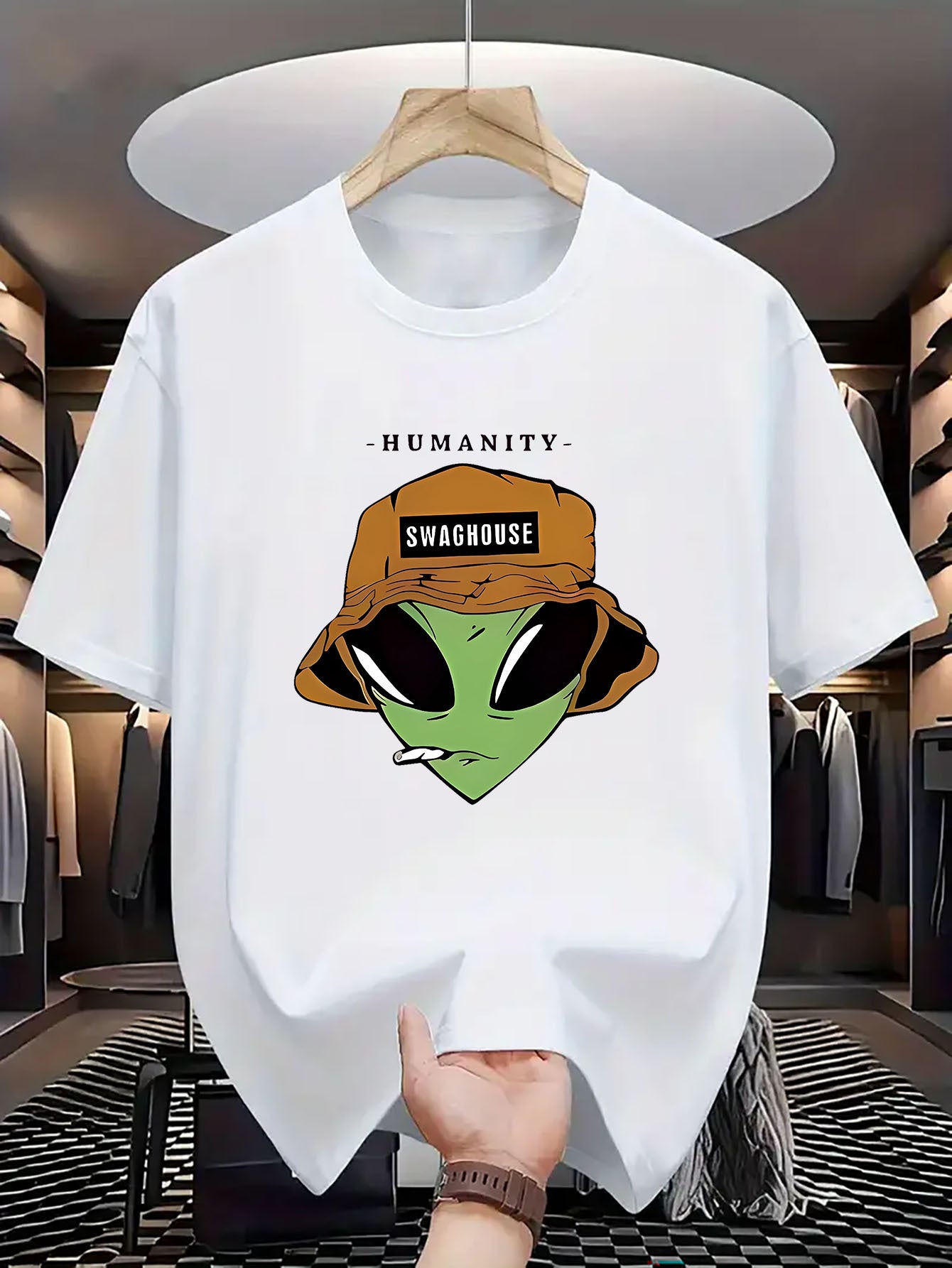 Men's Crew Neck Casual Polyester T-Shirt with Trendy Alien Graphic Print - Regular Fit, Breathable Knit Fabric with Slight Stretch - Adult Summer Style Tee with Halloween Pattern Details