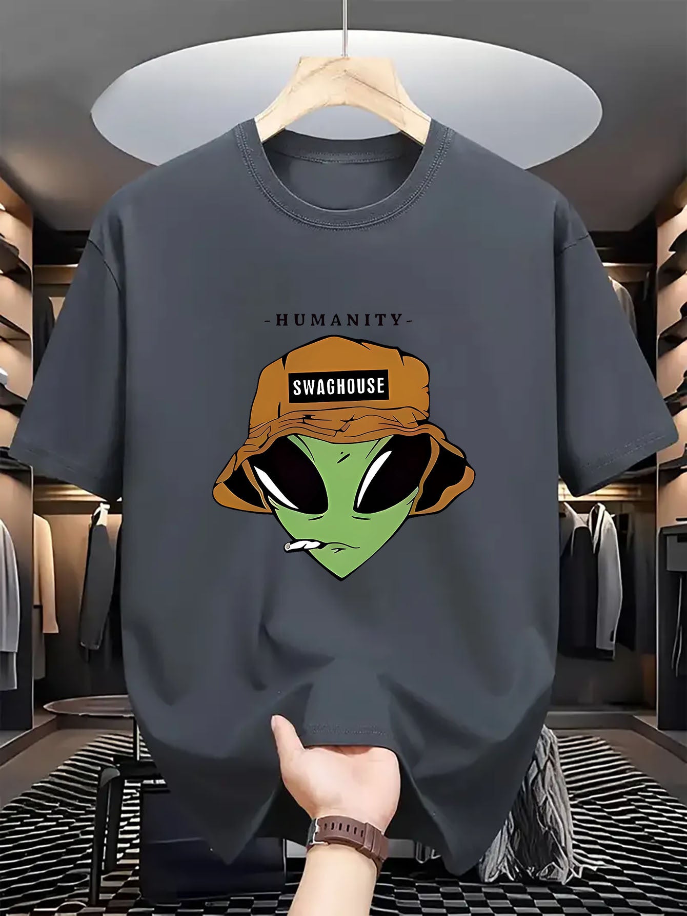 Men's Crew Neck Casual Polyester T-Shirt with Trendy Alien Graphic Print - Regular Fit, Breathable Knit Fabric with Slight Stretch - Adult Summer Style Tee with Halloween Pattern Details