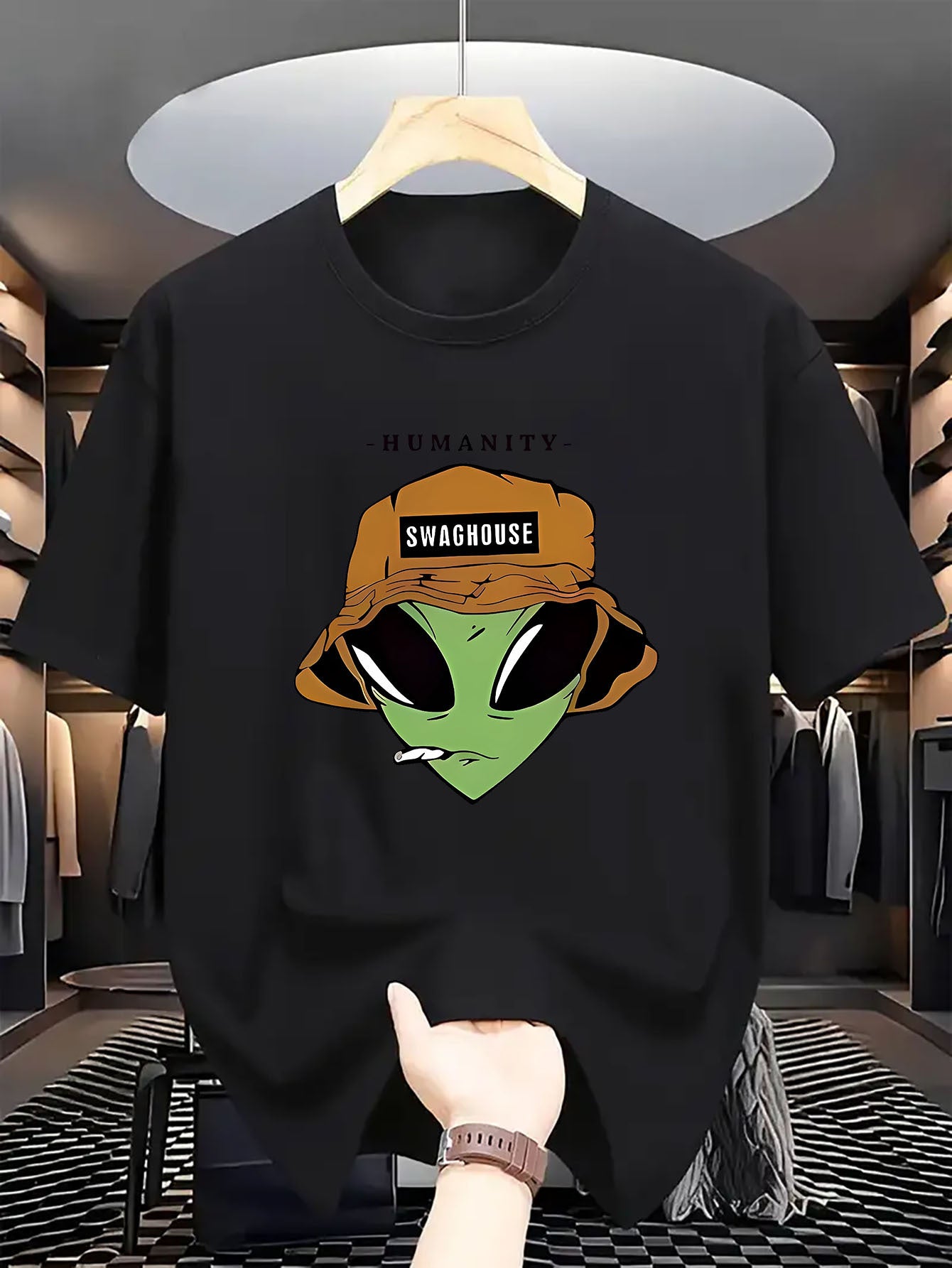 Men's Crew Neck Casual Polyester T-Shirt with Trendy Alien Graphic Print - Regular Fit, Breathable Knit Fabric with Slight Stretch - Adult Summer Style Tee with Halloween Pattern Details