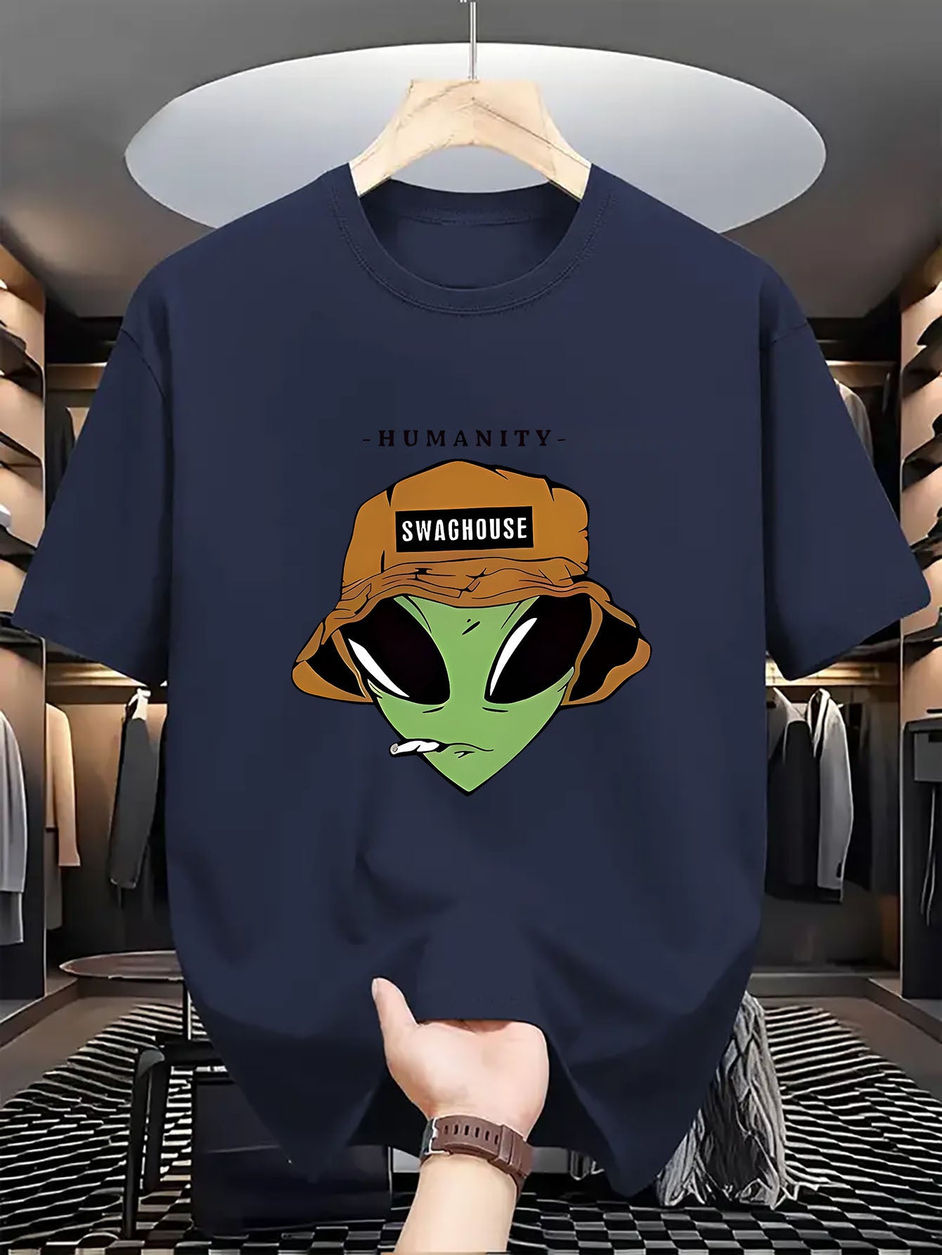 Men's Crew Neck Casual Polyester T-Shirt with Trendy Alien Graphic Print - Regular Fit, Breathable Knit Fabric with Slight Stretch - Adult Summer Style Tee with Halloween Pattern Details