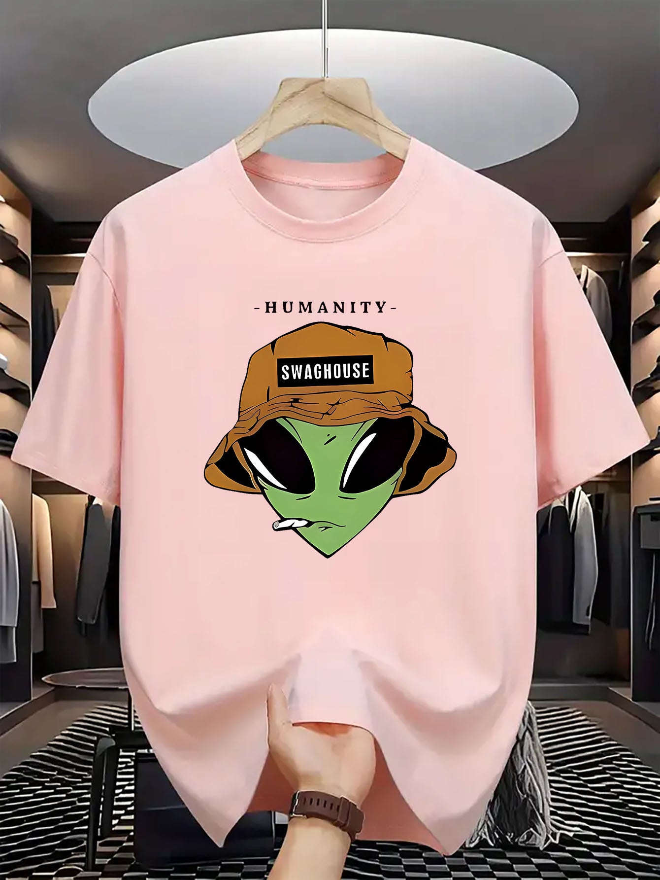 Men's Crew Neck Casual Polyester T-Shirt with Trendy Alien Graphic Print - Regular Fit, Breathable Knit Fabric with Slight Stretch - Adult Summer Style Tee with Halloween Pattern Details