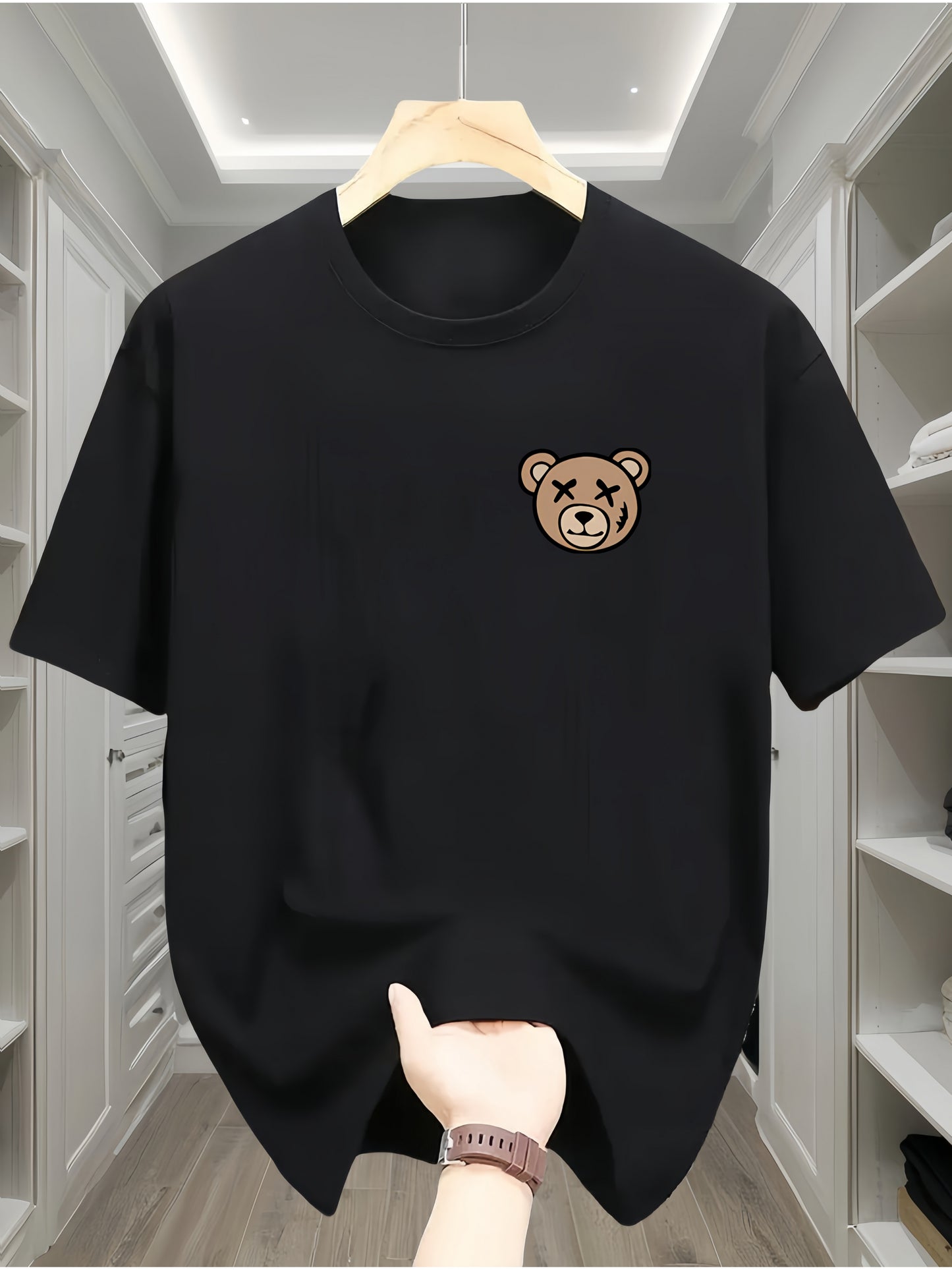 Men's Classic Black Cotton T-Shirt with Cute Bear Design - Casual, Comfortable Short Sleeve Crew Neck Tee, Machine Washable for All Seasons