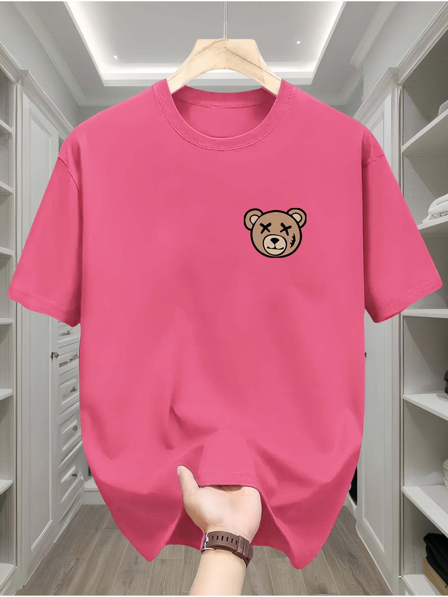 Men's Classic Black Cotton T-Shirt with Cute Bear Design - Casual, Comfortable Short Sleeve Crew Neck Tee, Machine Washable for All Seasons