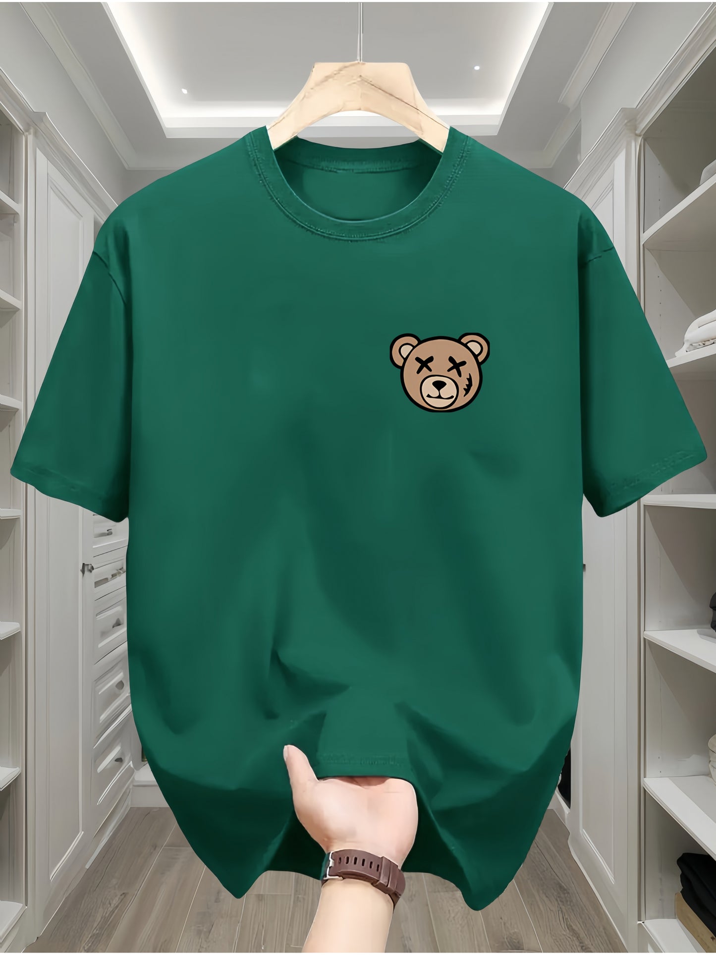 Men's Classic Black Cotton T-Shirt with Cute Bear Design - Casual, Comfortable Short Sleeve Crew Neck Tee, Machine Washable for All Seasons