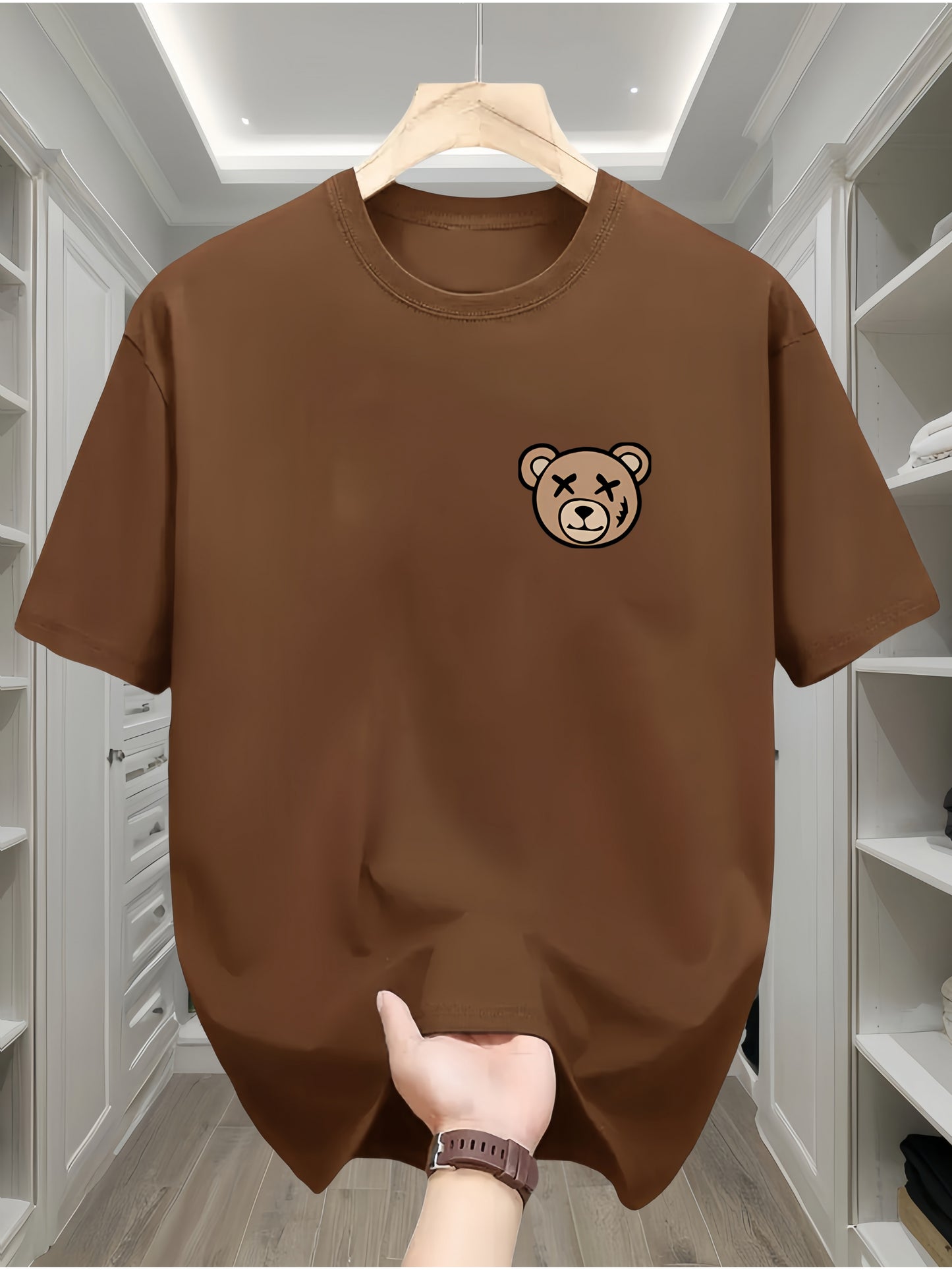 Men's Classic Black Cotton T-Shirt with Cute Bear Design - Casual, Comfortable Short Sleeve Crew Neck Tee, Machine Washable for All Seasons