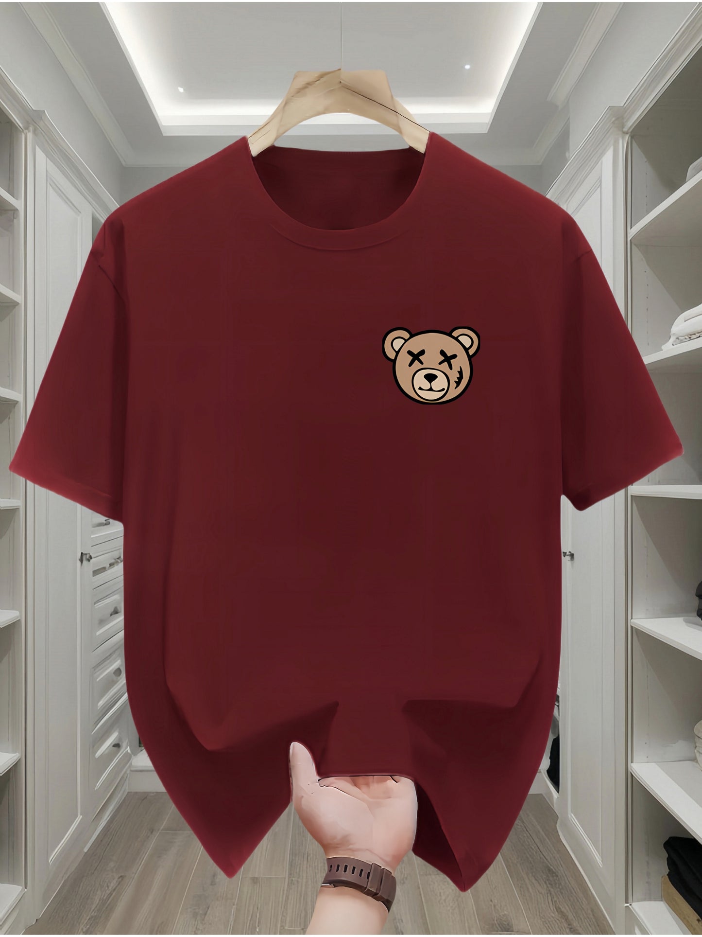 Men's Classic Black Cotton T-Shirt with Cute Bear Design - Casual, Comfortable Short Sleeve Crew Neck Tee, Machine Washable for All Seasons