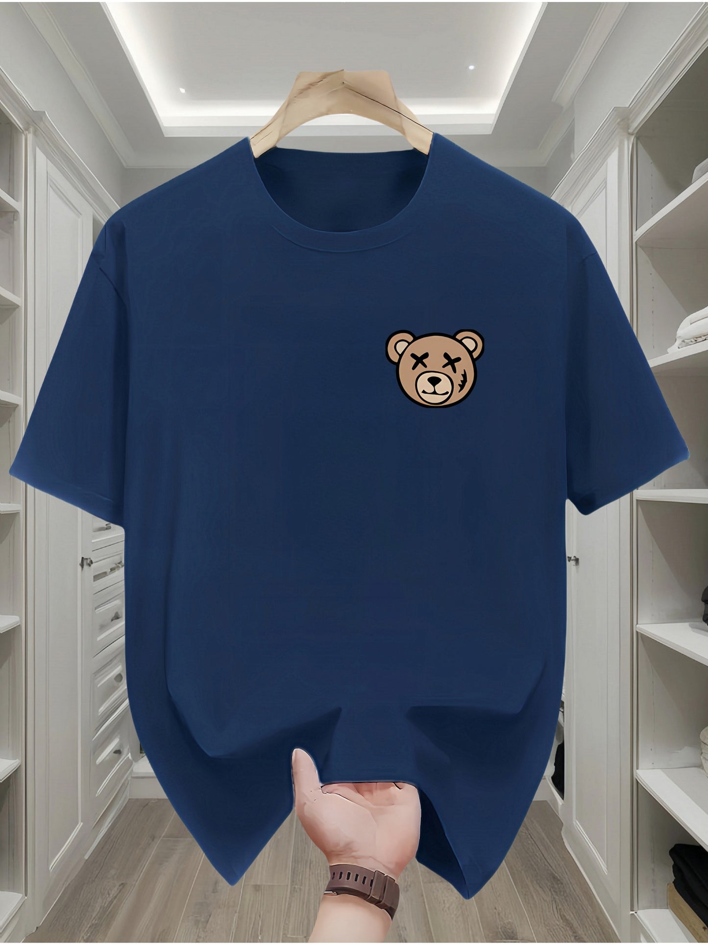 Men's Classic Black Cotton T-Shirt with Cute Bear Design - Casual, Comfortable Short Sleeve Crew Neck Tee, Machine Washable for All Seasons