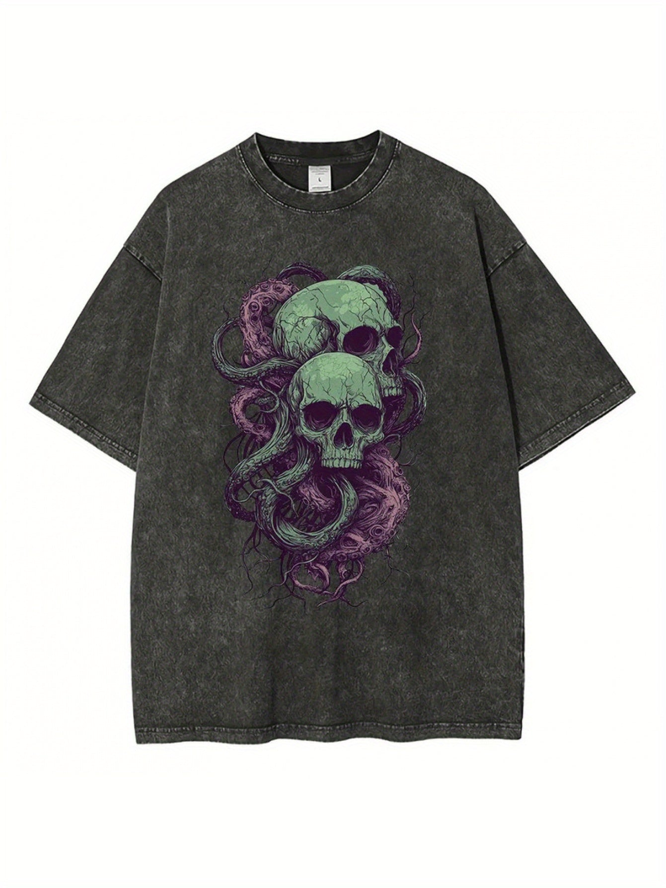 Men's Psychedelic Skull Graphic Tee - Breathable Cotton, Oversized Fit with Drop Shoulders, Casual Round Neck T-Shirt for All Seasons, Designer Clothes, Tentacles, Heavy