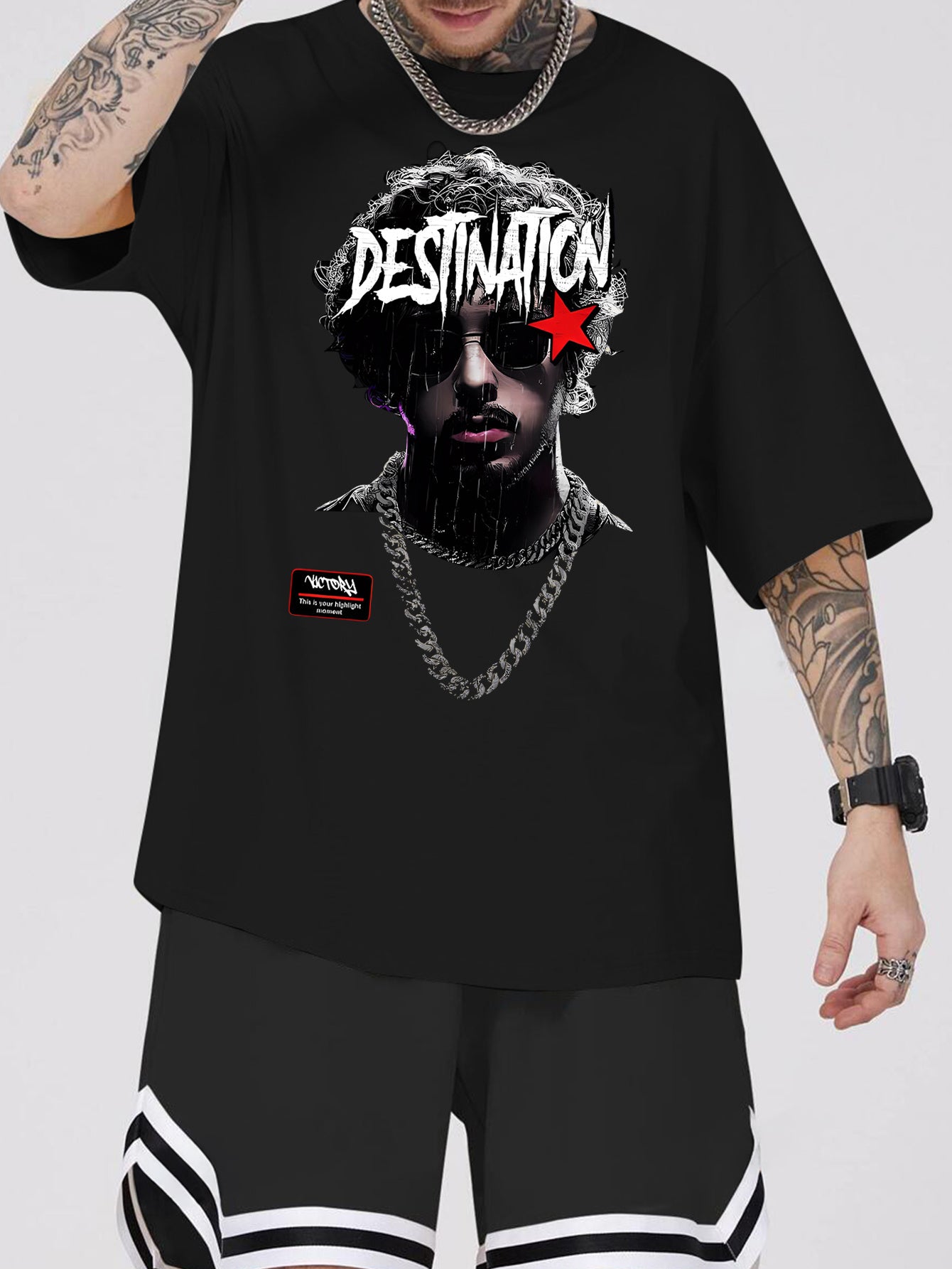 1pc Men'S Casual Rapper Print T-Shirt, Polyester Knit Fabric with Slight Stretch, Crew Neck, Short Sleeve, Summer Patterned Tee