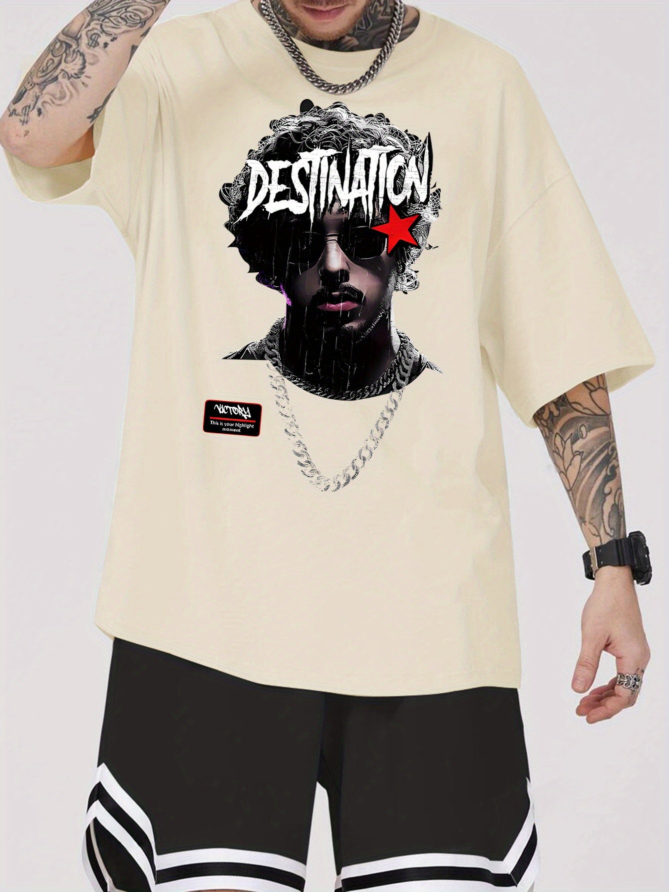 1pc Men'S Casual Rapper Print T-Shirt, Polyester Knit Fabric with Slight Stretch, Crew Neck, Short Sleeve, Summer Patterned Tee