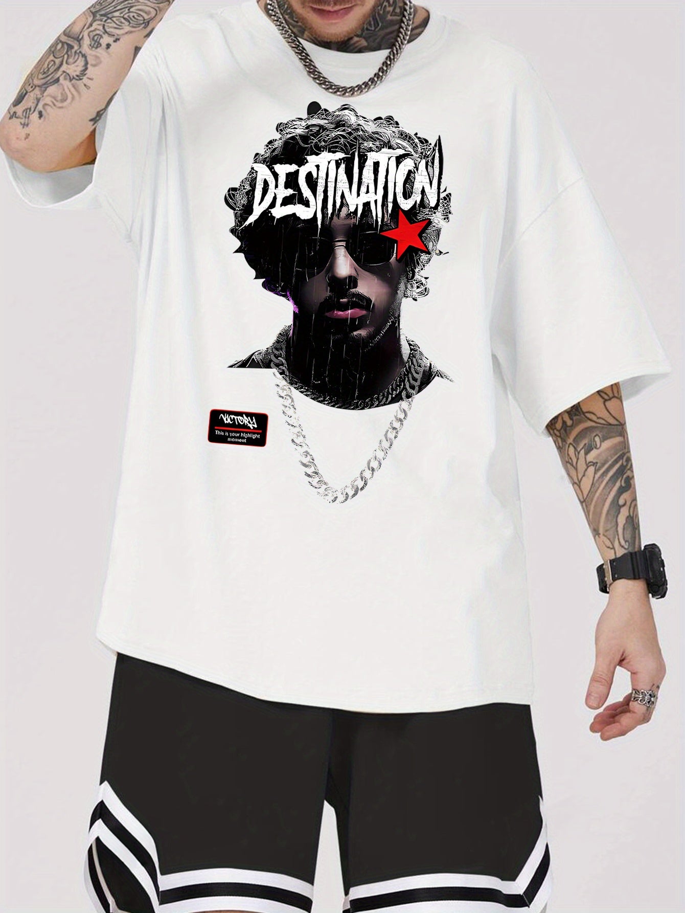 1pc Men'S Casual Rapper Print T-Shirt, Polyester Knit Fabric with Slight Stretch, Crew Neck, Short Sleeve, Summer Patterned Tee