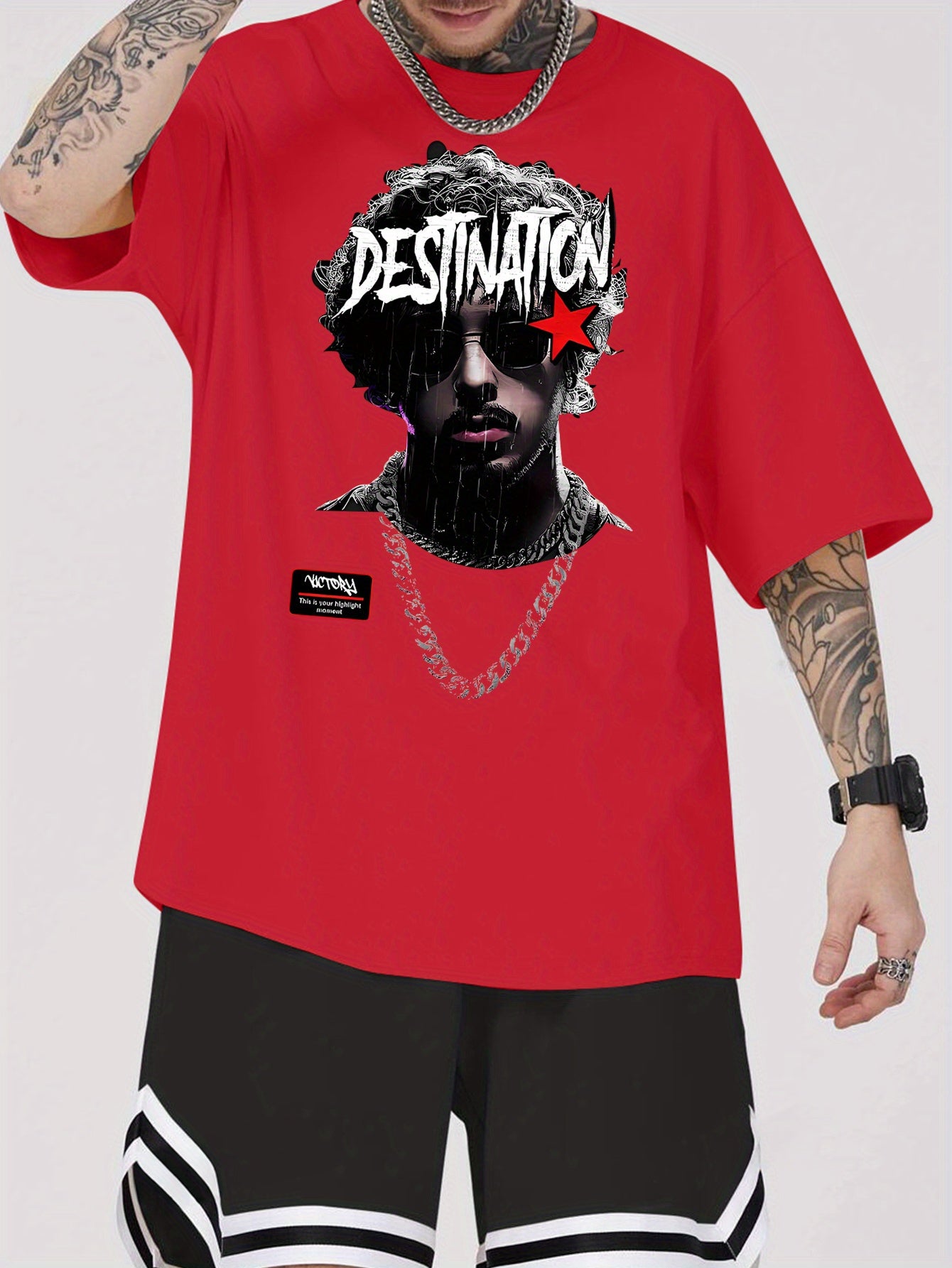 1pc Men'S Casual Rapper Print T-Shirt, Polyester Knit Fabric with Slight Stretch, Crew Neck, Short Sleeve, Summer Patterned Tee