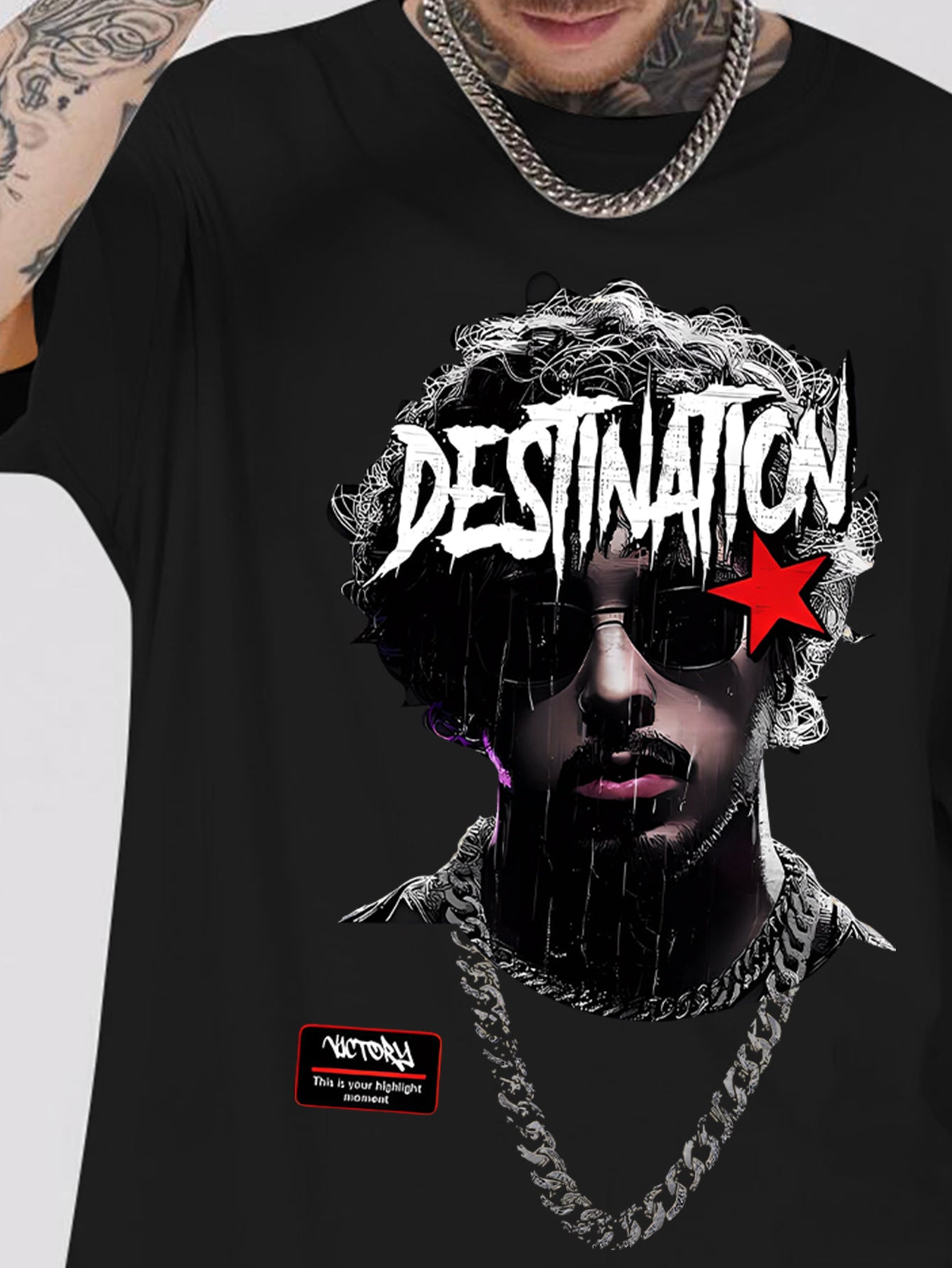 1pc Men'S Casual Rapper Print T-Shirt, Polyester Knit Fabric with Slight Stretch, Crew Neck, Short Sleeve, Summer Patterned Tee