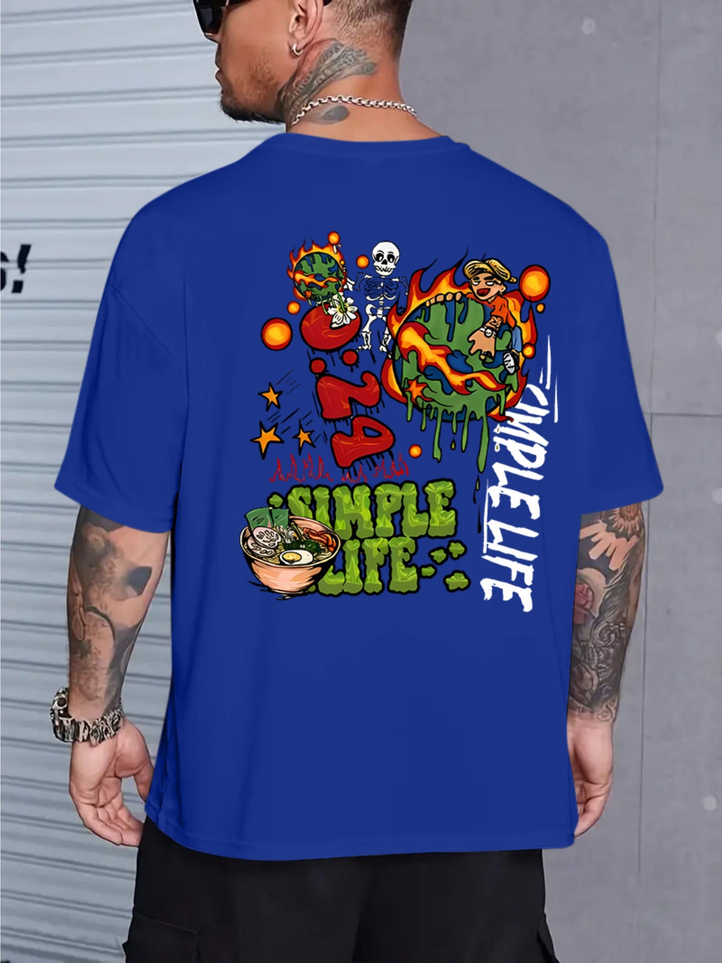 Men's Casual Vintage-Style Earth Skull Graphic Tee - Loose Fit, Breathable Polyester, Machine Washable, Round Neck T-Shirt with Unique Print Design, PLUS SIZE