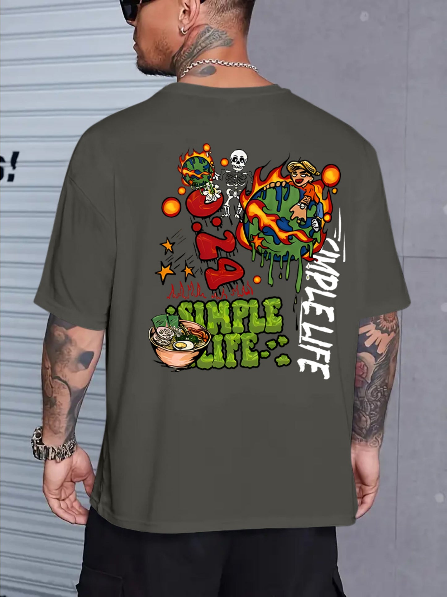 Men's Casual Vintage-Style Earth Skull Graphic Tee - Loose Fit, Breathable Polyester, Machine Washable, Round Neck T-Shirt with Unique Print Design, PLUS SIZE