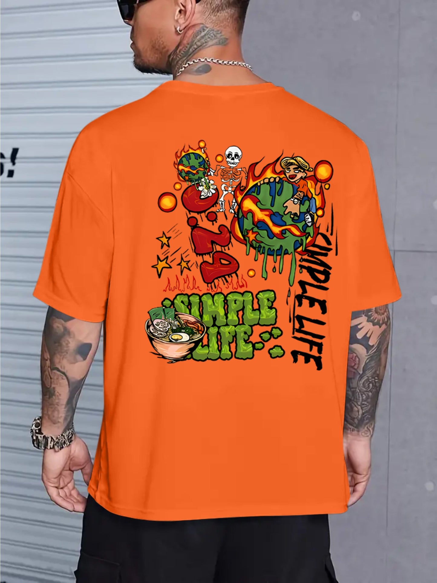 Men's Casual Vintage-Style Earth Skull Graphic Tee - Loose Fit, Breathable Polyester, Machine Washable, Round Neck T-Shirt with Unique Print Design, PLUS SIZE