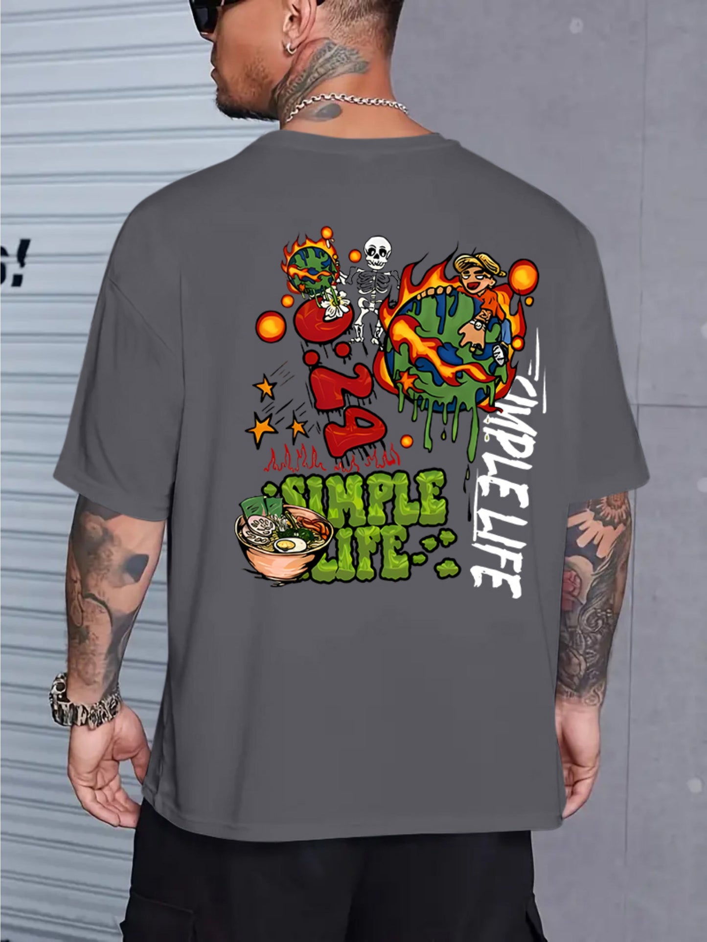 Men's Casual Vintage-Style Earth Skull Graphic Tee - Loose Fit, Breathable Polyester, Machine Washable, Round Neck T-Shirt with Unique Print Design, PLUS SIZE
