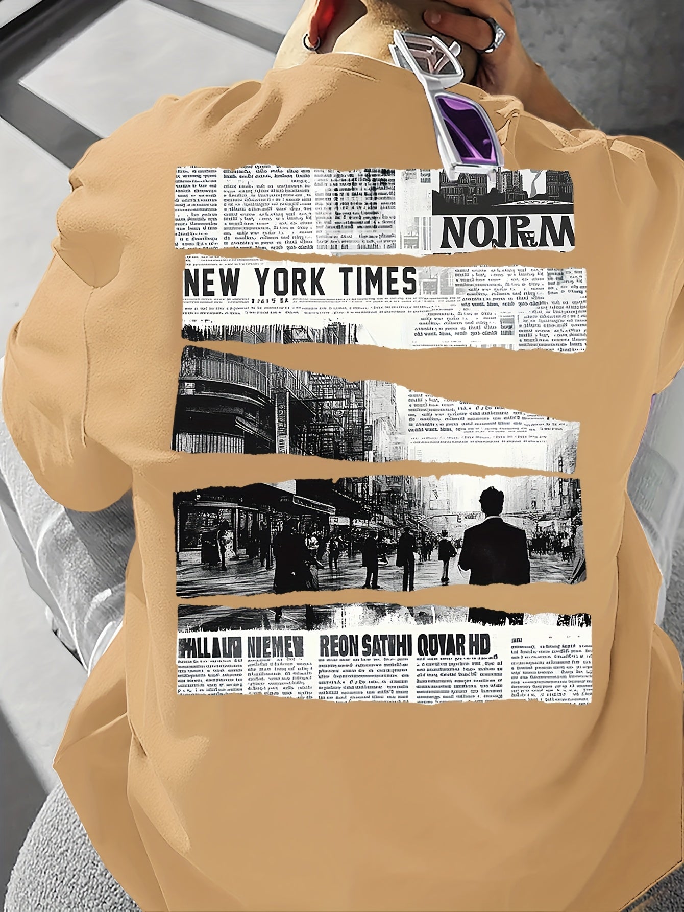 Men's Vintage Newspaper Print Casual Tee - Loose Fit, Round Neck, Polyester Blend, Summer Fashion