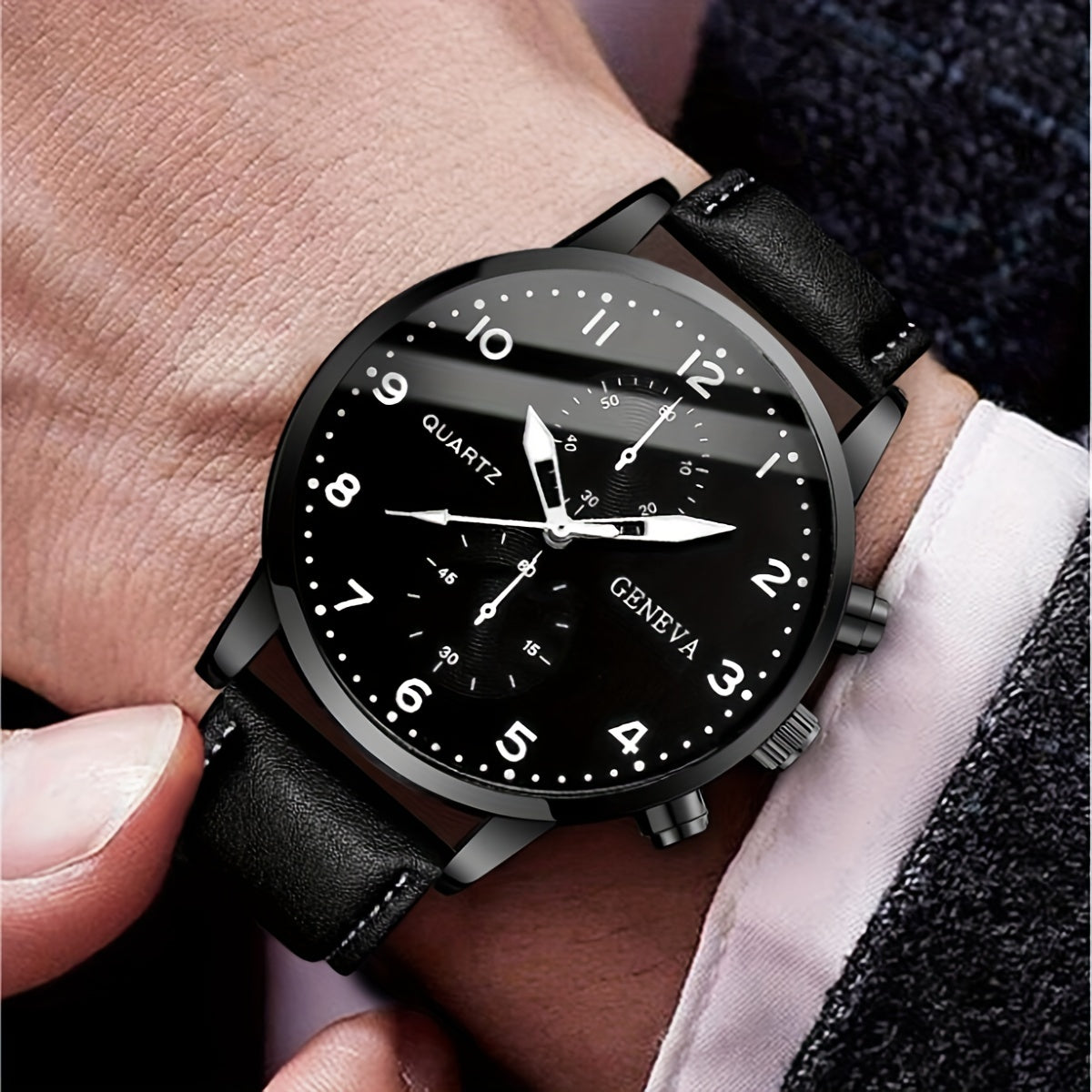 Middle East Ramadan Men Watch 1pc Men Black PU Leather Stainless Steel Case Casual Quartz Watch with 4pcs Bracelet Set Watch for Men Suitable for Men Party Holiday Birthday Wear Or As Brother The Best Gift for A Man No Box