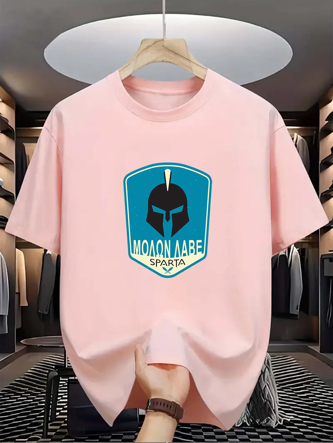 Men's SPARTA Graphic Tee - Beige Crew Neck Short Sleeve T-Shirt with Blue Spartan Helmet Design, 100% Polyester, Casual Summer Wear for Everyday & Special Occasions, Cool Oversized Tee Shirts