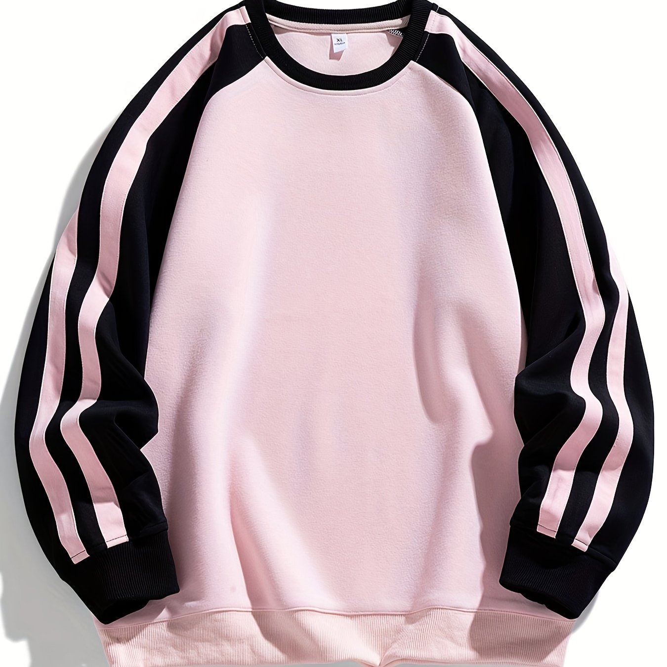 Men's Stylish Pink and Black Striped Crew-Neck Sweatshirt - Breathable, Casual Long-Sleeve Hoodie for City Walking, Street Lounging & Outdoor Activities, Polyester, Non-Stretch Fabric