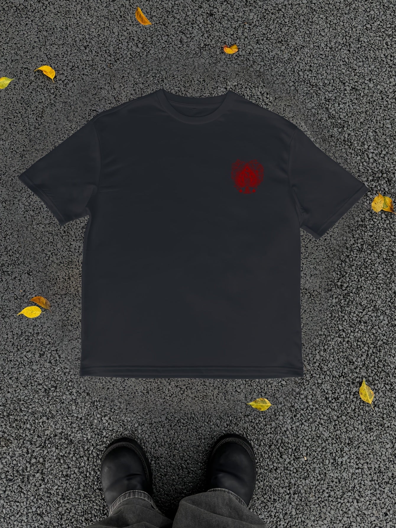 Men's Casual Hip-Hop Street Style Death Skull Ace of Spades Print T-Shirt - Loose Fit, Round Neck, Polyester Knit Fabric, Summer Collection
