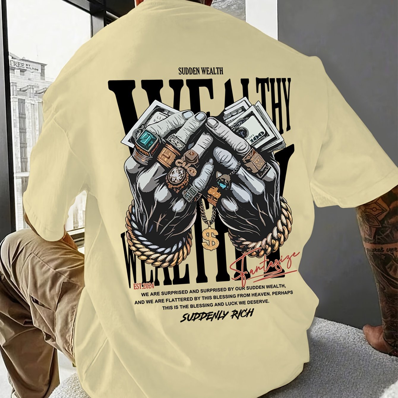 Men's Casual Graphic Tee with Unique Hand Jewelry Design - Soft Polyester Blend, Stretch Fit, Machine Washable - Perfect for Summer Outings
