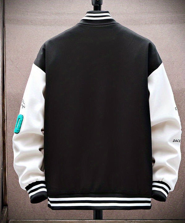 Letters Print Preppy Varsity Jacket, Men's Casual Long Sleeve Striped Button Down Baseball Jacket With Pockets For Winter Fall