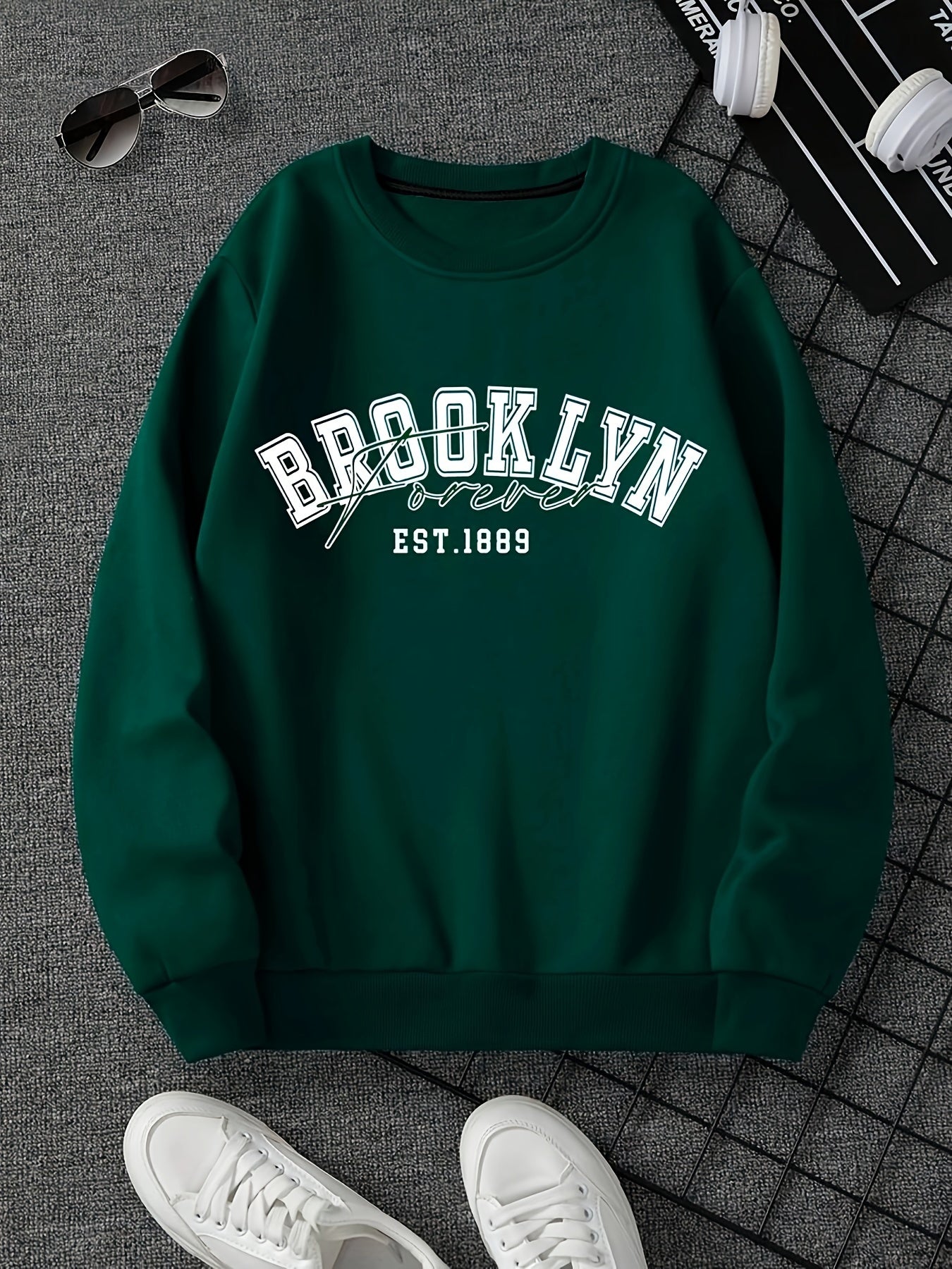 Brooklyn 1889 Graphic Crew Neck Sweatshirt - Casual Style French Terry Polyester 100% Non-Stretch Knit Fabric, Loose Fit Alphabet Patterned Pullover for Men