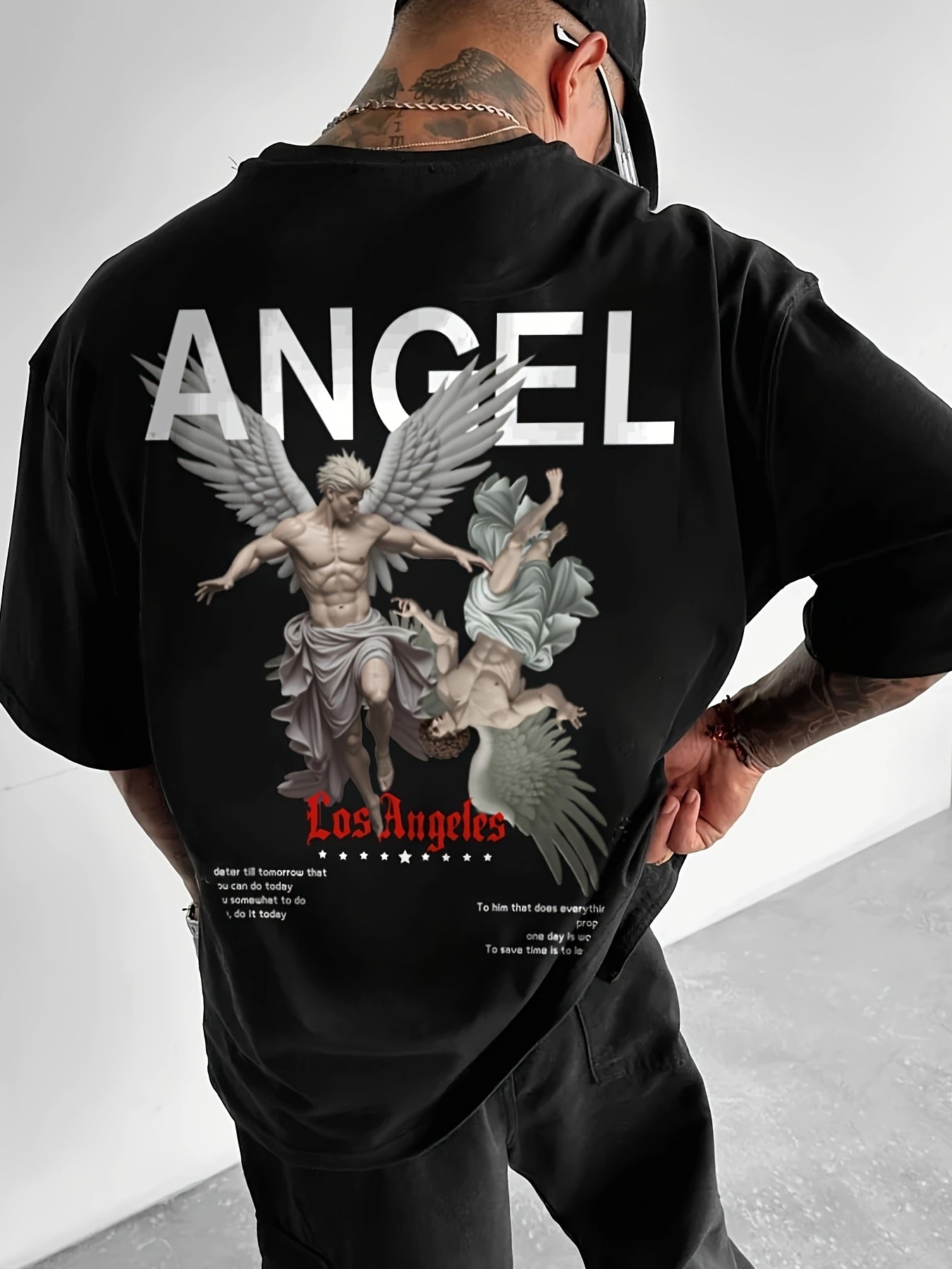 Men's Casual Streetwear T-Shirt with Geometric Angel Design - Loose Fit, Polyester, Machine Washable - Summer Collection