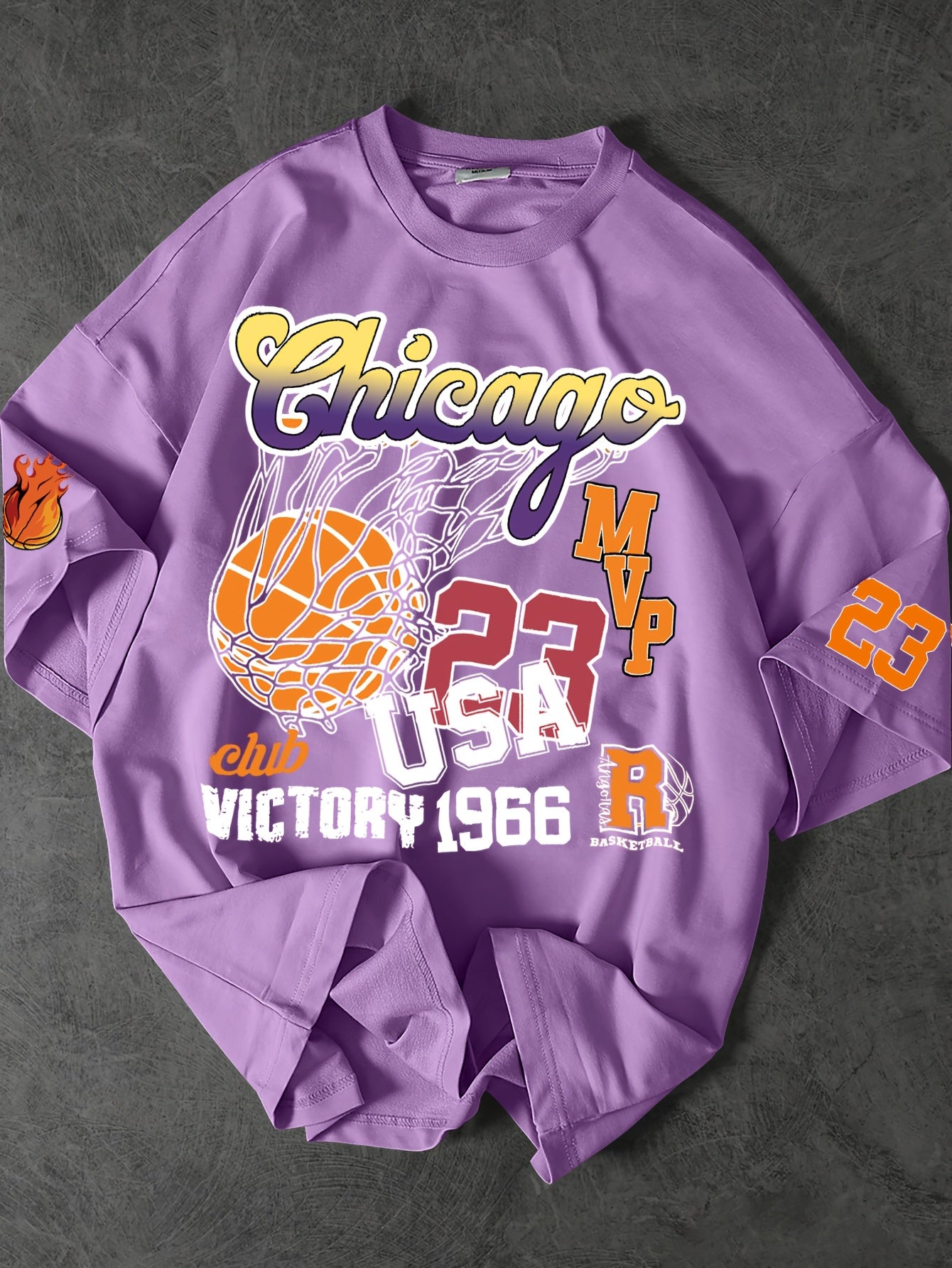 Men'S Casual Basketball Print Crew Neck T-Shirt, Polyester Knit Fabric, Loose Fit, with Slight Stretch, for Summer Tee
