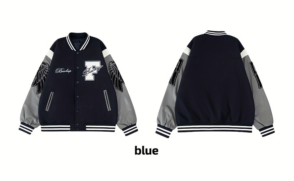 Men's Letter Double-wing Embroidery Varisty Jackets Vintage Long Sleeve PU Leather Patchwork Baseball Coats for Autumn&Winter