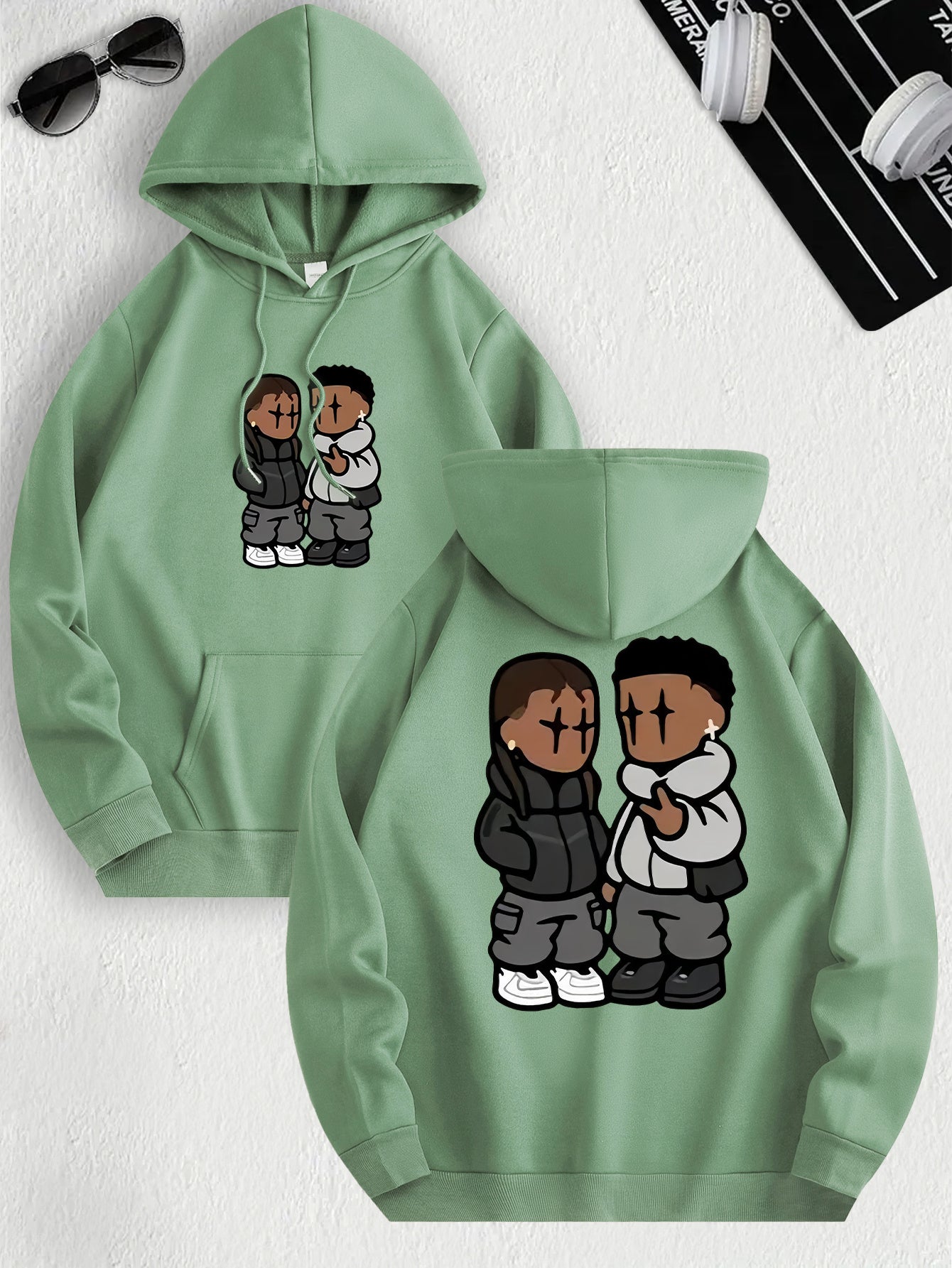 Men's Trendy Hoodie with Fleece-Lined Kangaroo Pocket - Casual & Comfortable, Cartoon Print Pullover Sweatshirt, K-pop, Fashion Design, Leisure Style, Conventional Version, ALL/Global/All