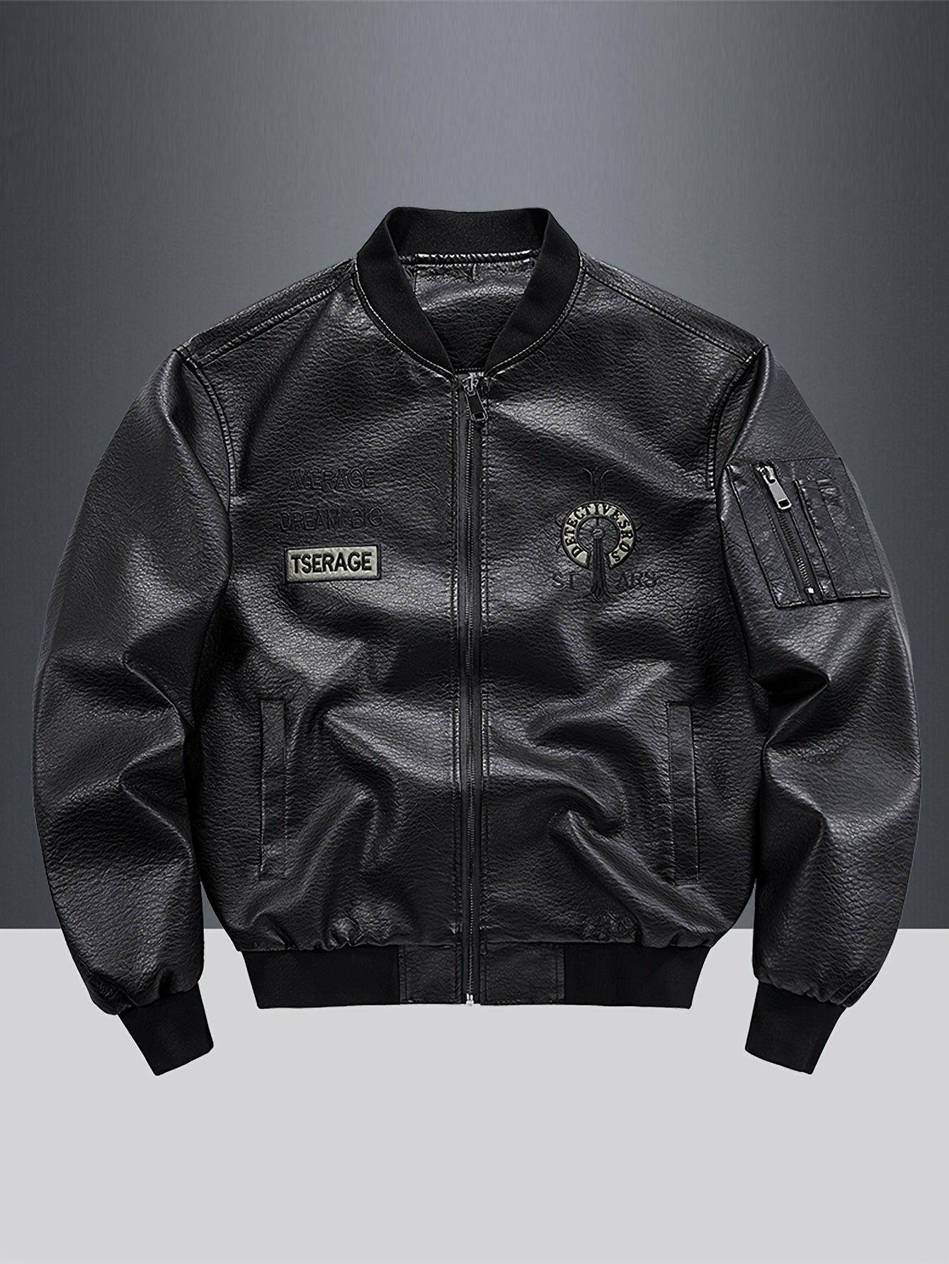 Men'S Embroidered Faux Leather Bomber Jacket, Casual Baseball Collar, Long Sleeve, Zippered, Non-Stretch, Loose Fit, for Spring/Fall/Winter - Casual Weekend Wear