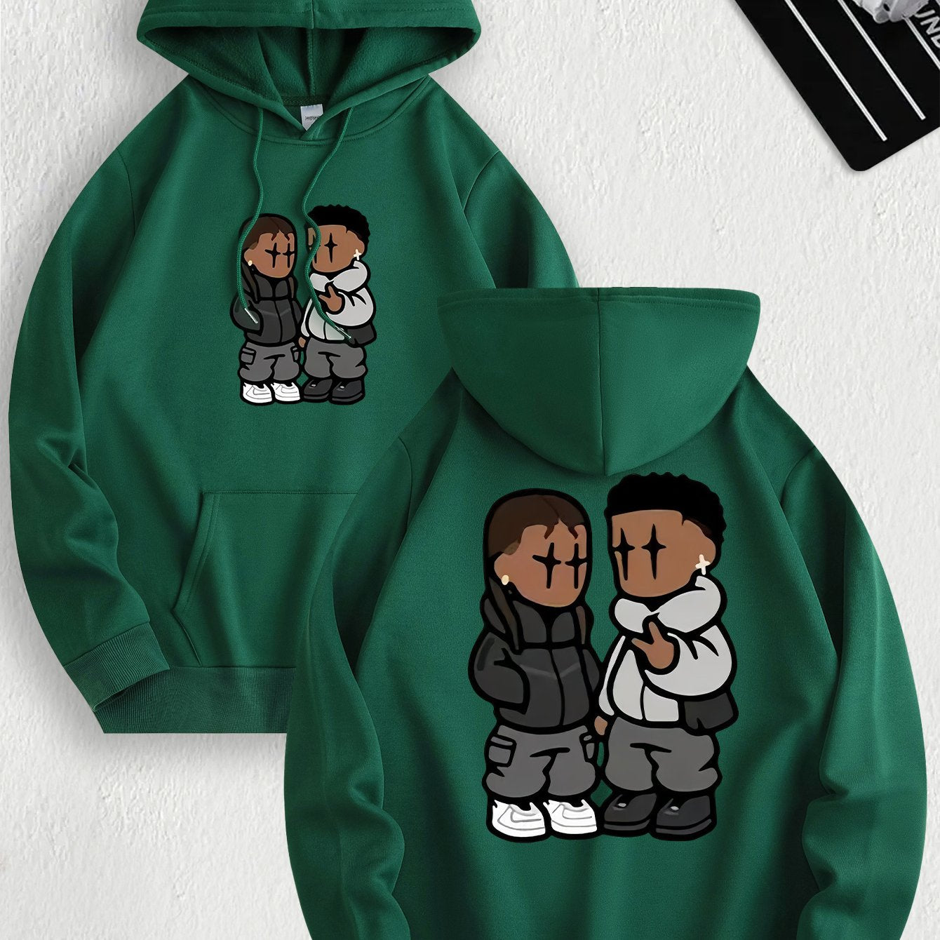 Men's Trendy Hoodie with Fleece-Lined Kangaroo Pocket - Casual & Comfortable, Cartoon Print Pullover Sweatshirt, K-pop, Fashion Design, Leisure Style, Conventional Version, ALL/Global/All