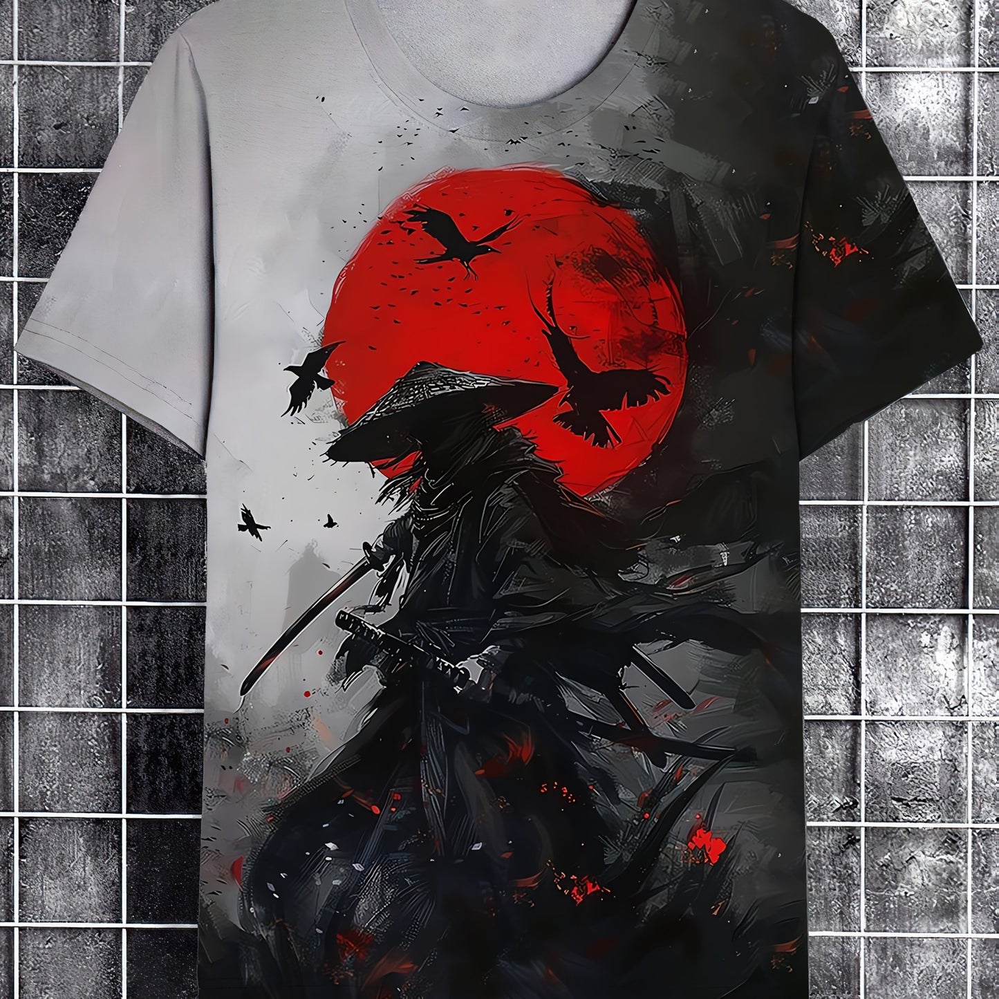 1pc Men'S 3D Digital Print Samurai Ink Painting Pattern T-Shirt, Short Sleeve Crew Neck Tee, Casual Summer Streetwear, Polyester Knit Fabric with Slight Stretch, Regular Fit for Teens
