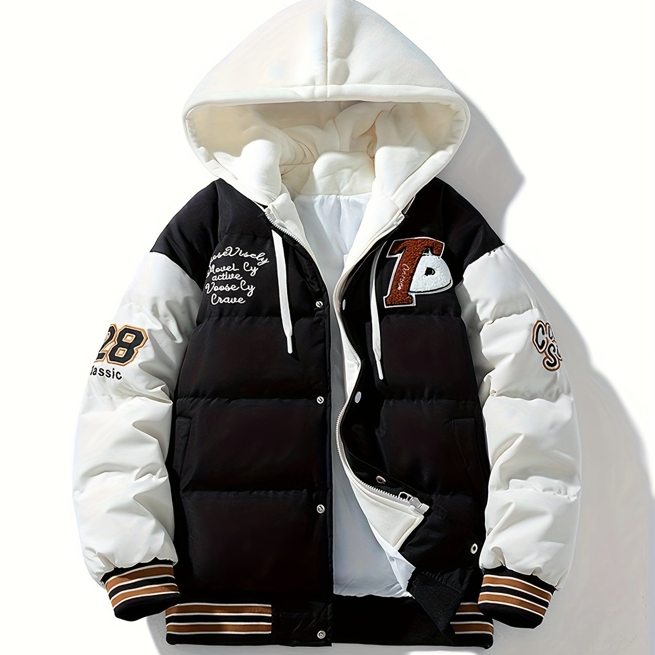 Men's Preppy Style Hooded Varsity Jacket - Casual Color Block Puffer with Embroidered Patches, Zip-Up, Long Sleeves, Polyester - Perfect for Baseball & Casual Attire, Everyday Jacket|Color Block Design|Ribbed Cuffs