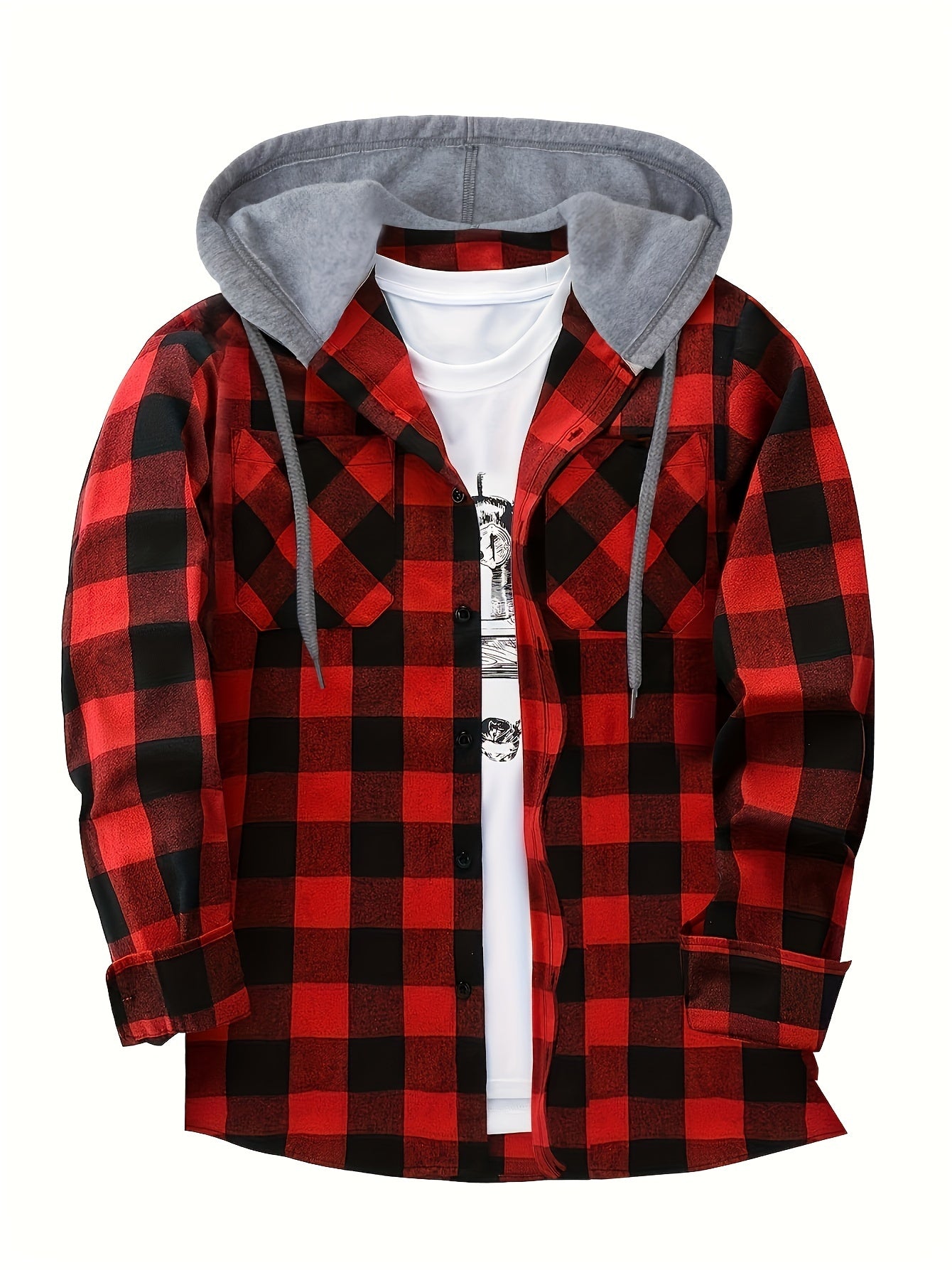 Fashionable Design Men's Plaid Pattern Hooded Long Sleeve And Button Up Shirt Jacket With Pockets, Chic And Trendy Hoodie Jacket For Outdoors Leisurewear