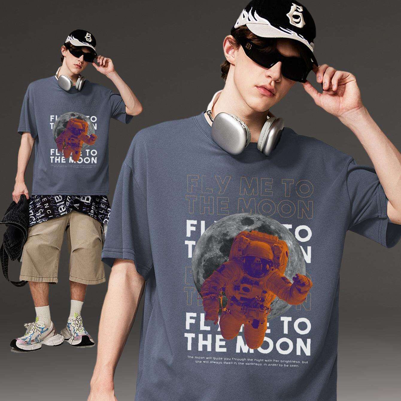 PRIVATHINKER Men's "Fly Me to The Moon" Graphic Tee - 100% Cotton, Oversized & Lightweight, Casual Summer Streetwear with Astronaut & Moon Design, Short Sleeve, Round Neck
