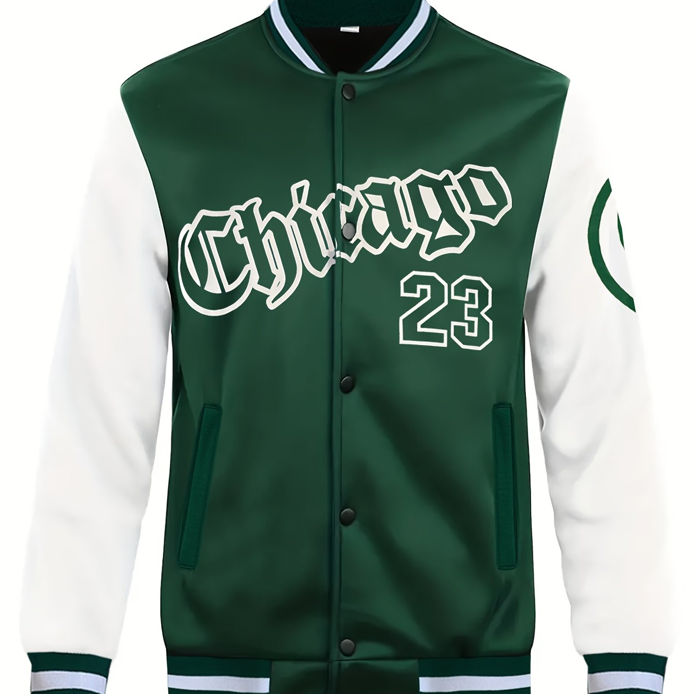 Men'S Casual Fashion Baseball Jacket, 100% Polyester Knit Fabric with Slight Stretch, Crew Neck, Button Closure, Alphabet Pattern, Regular Fit with Pockets, Polyester Lined