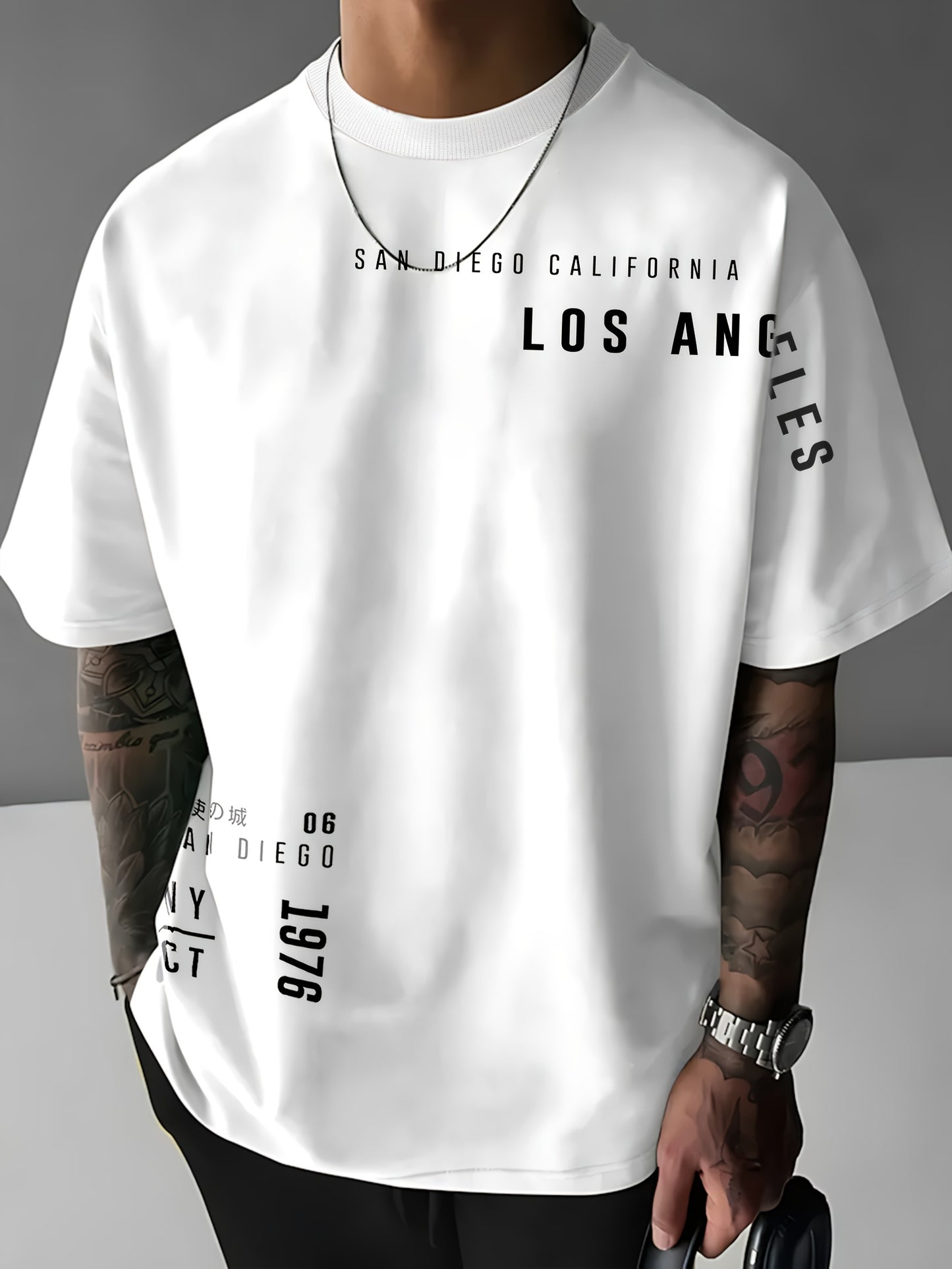 Men'S Fashion Graphic T-Shirt, Polyester Knit Fabric, Street Style, Loose Fit, with "LOS ANGELES" Print, for Summer Casual Short-Sleeve Crew Neck Tee with Slight Stretch