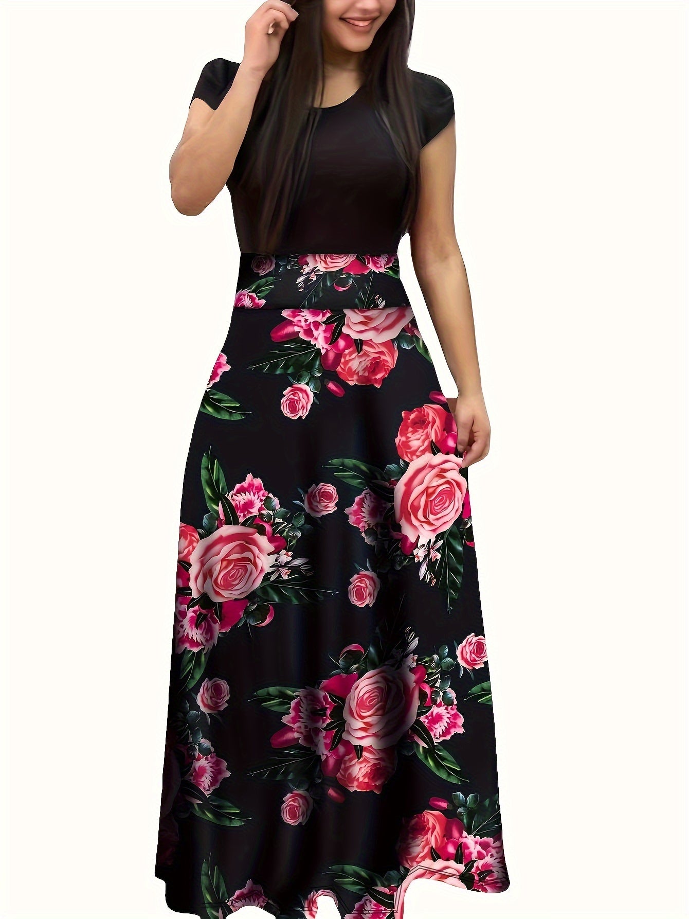 Floral Print Splicing Maxi Dress, Casual Crew Neck Short Sleeve Dress For Spring & Summer, Women's Clothing