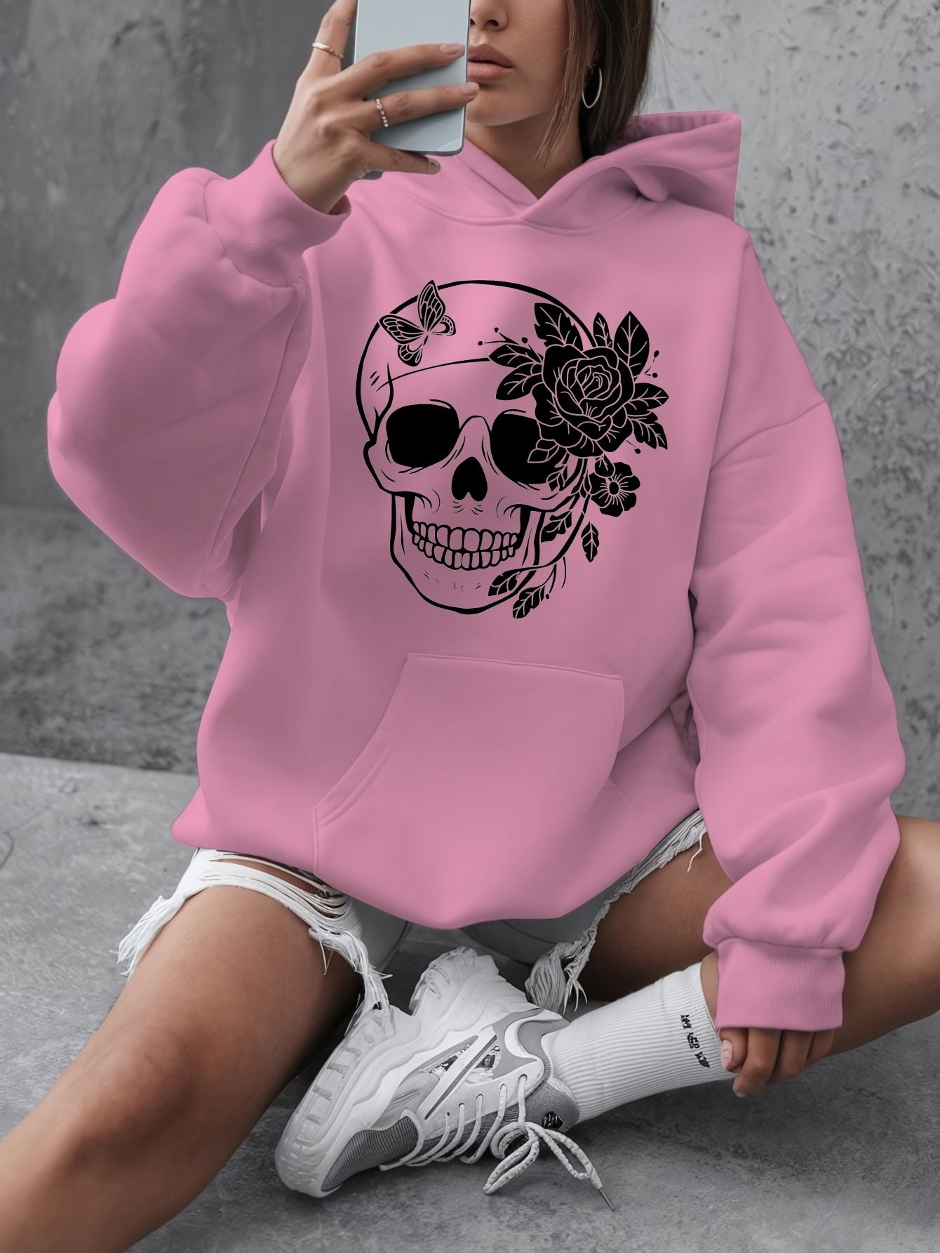 1pc Women'S Plus Size Casual Hoodie with Floral Skull Print, Polyester Knit Sweatshirt, Long Sleeve Pullover with Pockets, Letter Pattern, Round Neck Hooded Top, with Autumn/Winter Fashion