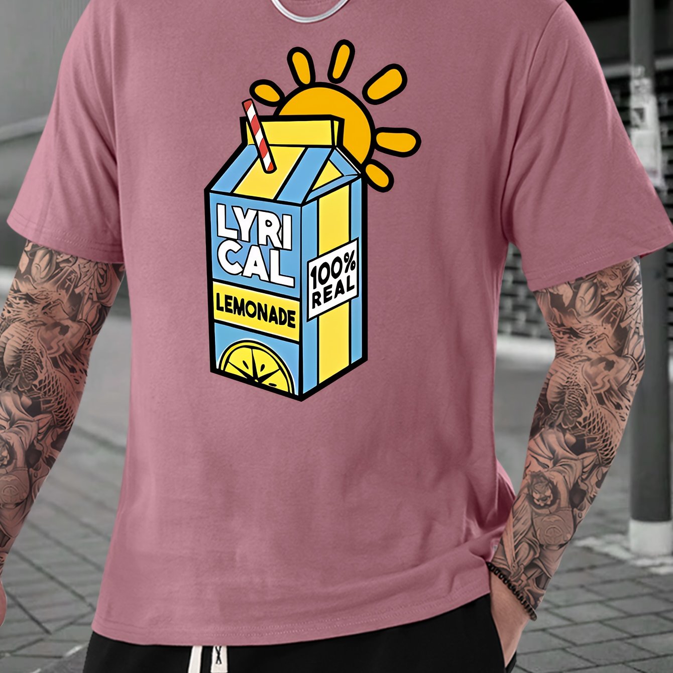 Lemonade Print, Men's Crew Neck Short Sleeve Fashion T-Shirt, Casual Comfy Top For Spring & Summer Holiday Leisure Vacation, Men's Clothing As Gift