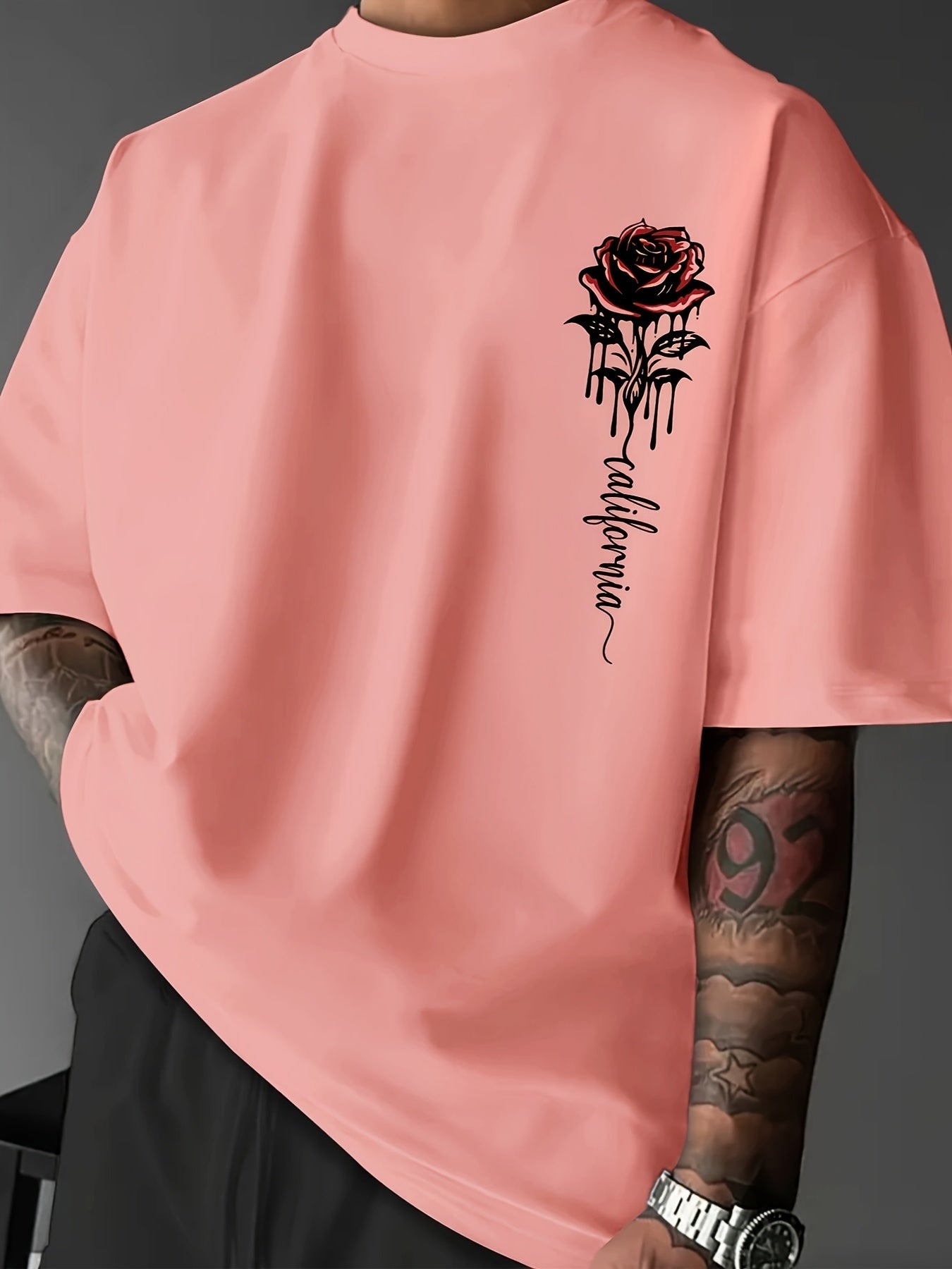Men's Casual Rose Print T-Shirt - Loose Fit, Crew Neck, Polyester Blend, Summer Wear