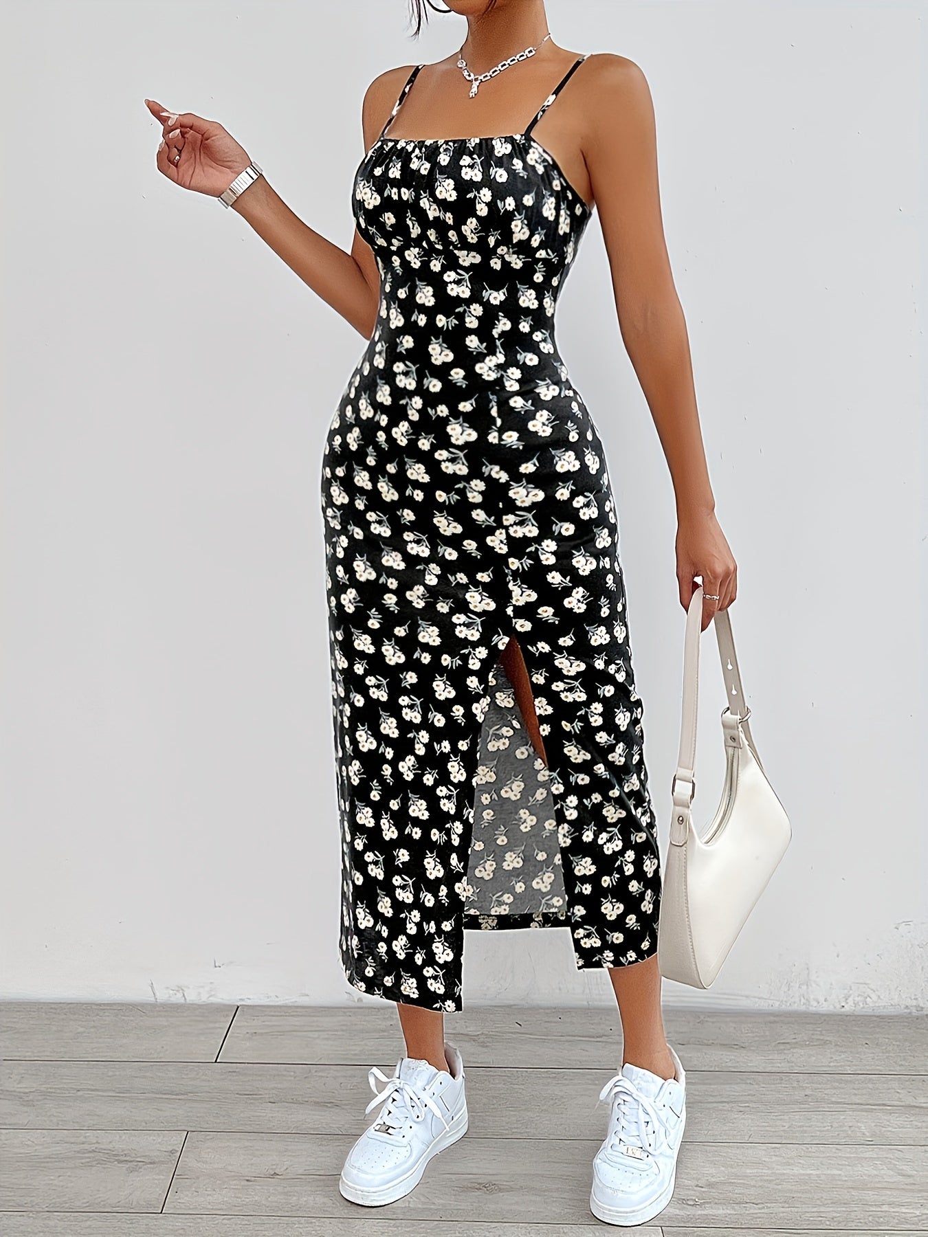 Elegant Floral Print Split-Thigh Cami Dress - Chic Spaghetti Strap, Stretchy Polyester Blend, Machine Washable - Perfect for Spring/Summer