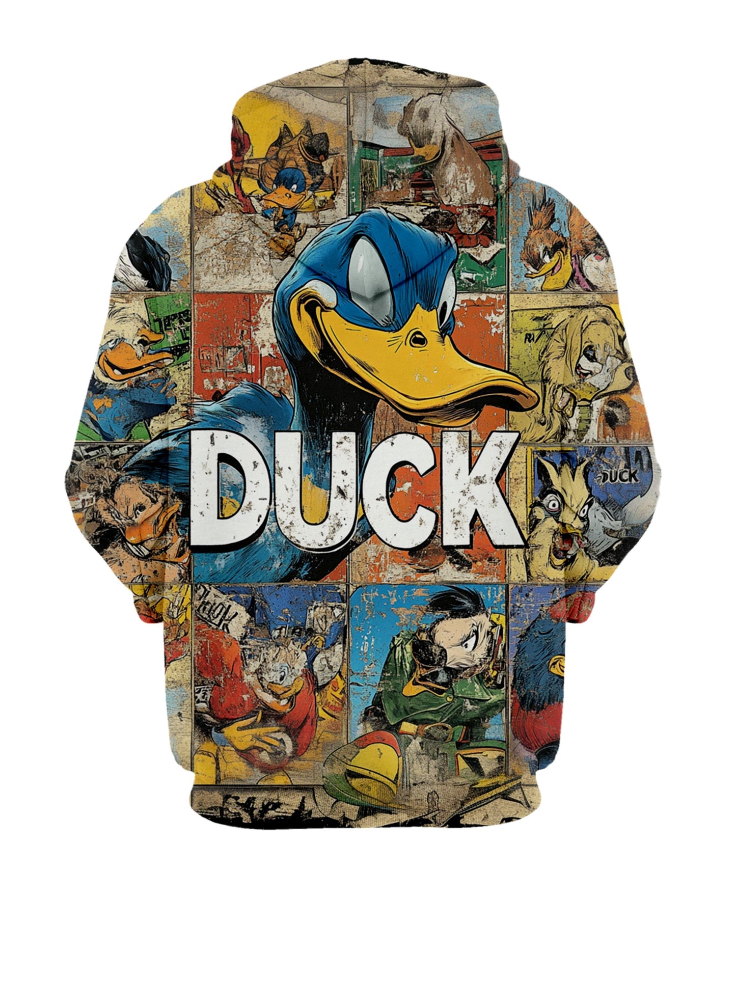 Vintage Cartoon Duck Graphic Print Hoodie - 100% Polyester Knit Fabric, Long Sleeve Hooded Sweatshirt with Slight Stretch, Regular Fit, Unisex Style