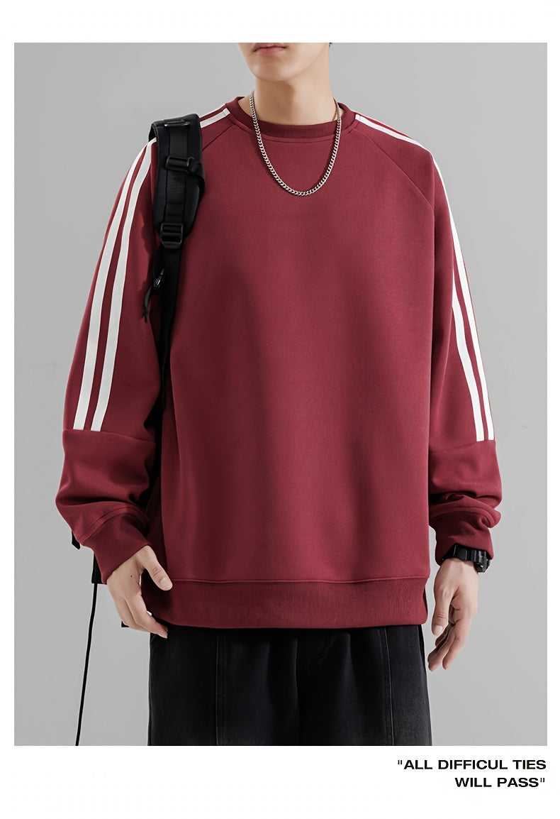 Men'S Casual Crew Neck Hoodie, 100% Polyester Knit Fabric, Solid Color with Side Stripes, Regular Fit, Non-Stretch, 250g/m² - Comfortable and Stylish for Street and Outdoor Activities